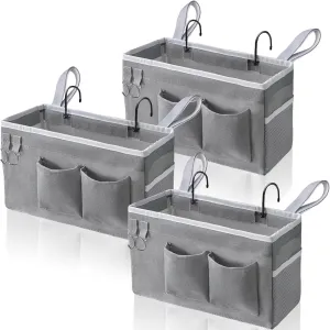 3pcs Bedside Caddy Hanging Storage Bag, Water Cup Holders, Organizer Baskets with Pockets for Bunk Bed Shelf, Hospital Beds, Loft & Dorm Rooms Accessories (Bedside bag-Grey)