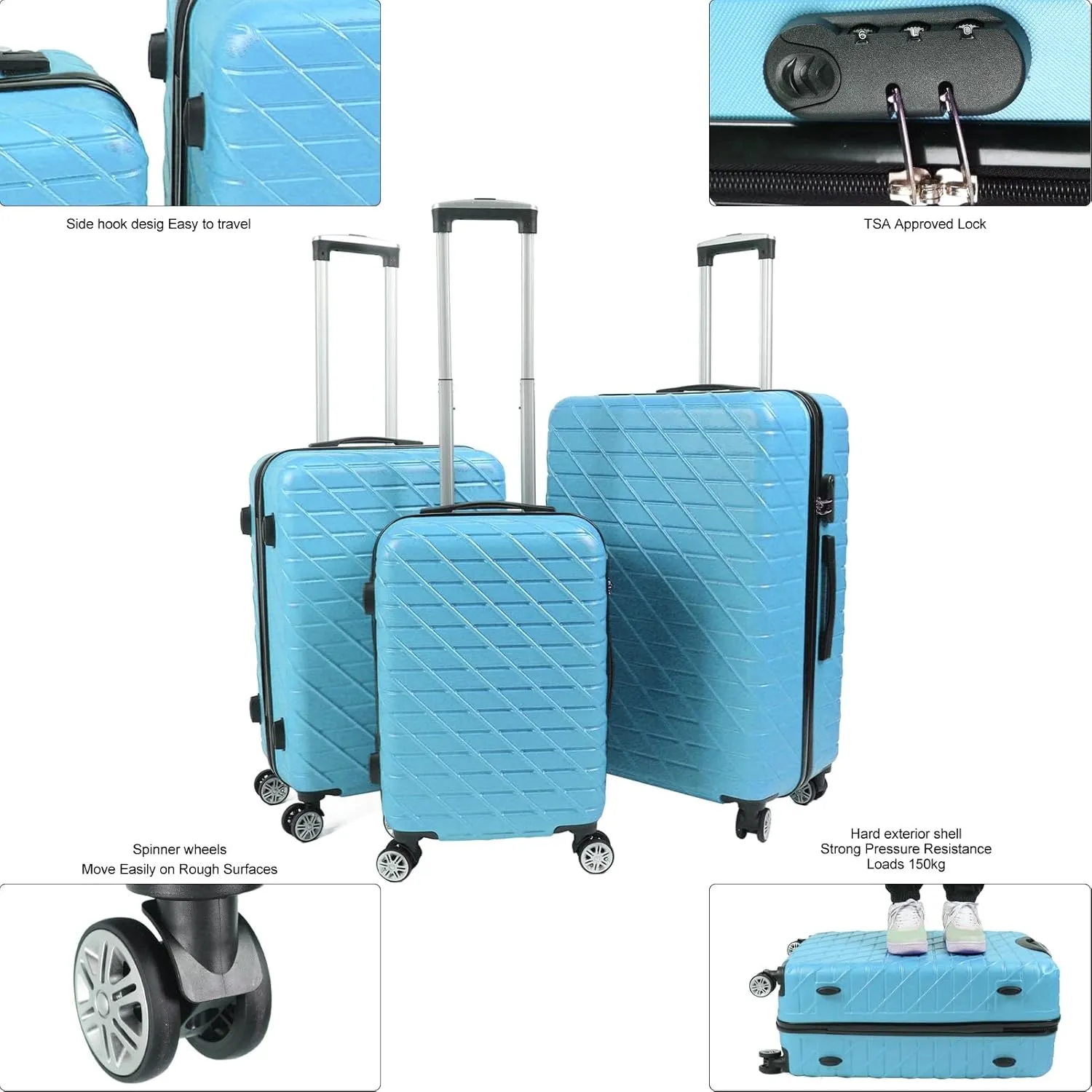 3PCS Heavy Duty Luggage Set, Hardshell Spinner Suitcases with TSA Lock, 150kg Load Capacity, Lightweight ABS Aluminium Alloy, 20in 24in 28in Upright Travel Bags (Blue)