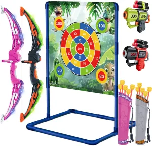 4-in-1 Bow and Arrow Set for Kids, 2-Pack LED Light Up Archery Set with 10 Arrows, 4 Darts and 2 Toy Play Guns, Dinosaur Target & Quiver, Indoor Outdoor Toys for Boy Girl Ages 4-6 8-12