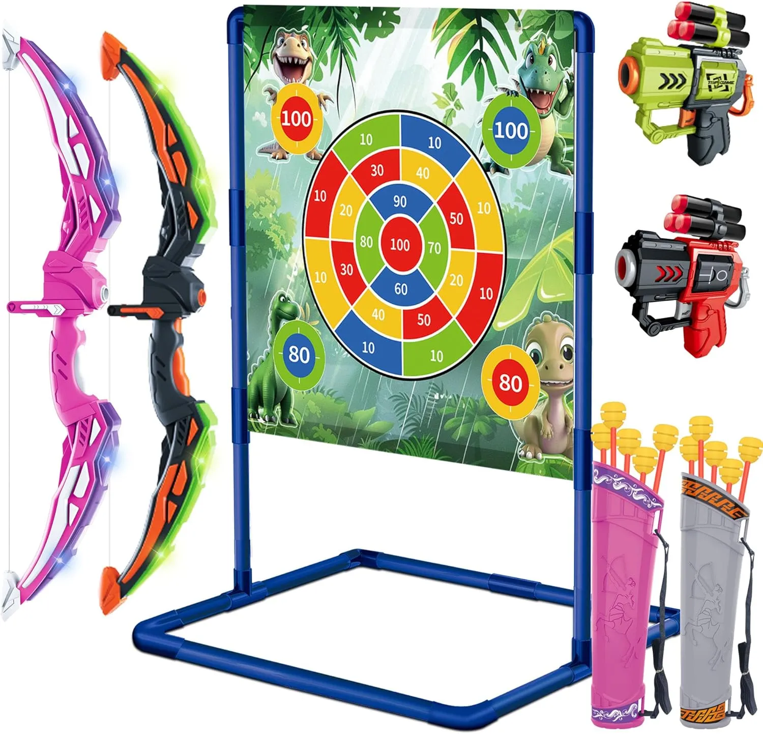 4-in-1 Bow and Arrow Set for Kids, 2-Pack LED Light Up Archery Set with 10 Arrows, 4 Darts and 2 Toy Play Guns, Dinosaur Target & Quiver, Indoor Outdoor Toys for Boy Girl Ages 4-6 8-12