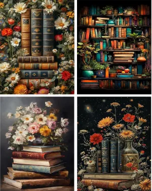4 Pack Book Flower Stamped Cross Stitch Kits for Adults - Embroidery Kits for Beginners Adults,11 CT Patterns Dimensions Counted Cross Stitch Kits for Arts Craft Kits12x16 inch