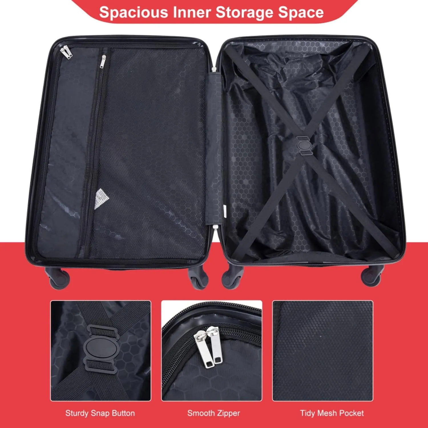 4-Piece ABS Luggage Set (16"/20"/24"/28") - Lightweight Hardshell Suitcases with Lock & 360° Spinner Wheels - Carry-On & Checked Luggage (Red   ABS)