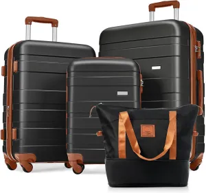 4-Piece Luggage Set with Spinner Wheels & TSA Lock - 20" 24" 28" ABS Hard Shell Suitcases   Travel Bag, Lightweight Durable Checked & Carry On Luggage Suitcase Set for Men Women (Black Brown)
