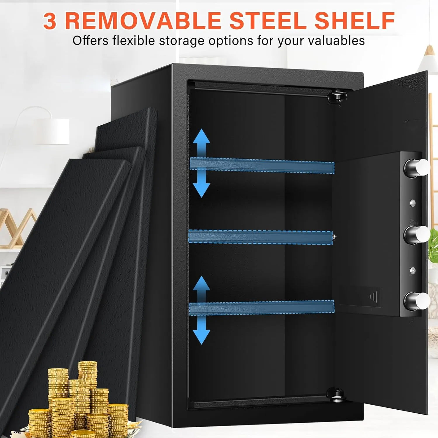 4.0 Cu ft Extra Large Home Safe Box Fireproof Waterproof, Fire proof Safe with Fireproof Document Bag, Digital Keypad and 3 Removable Steel Shelf, Security Box for Money Medicines Jewelry Valuables