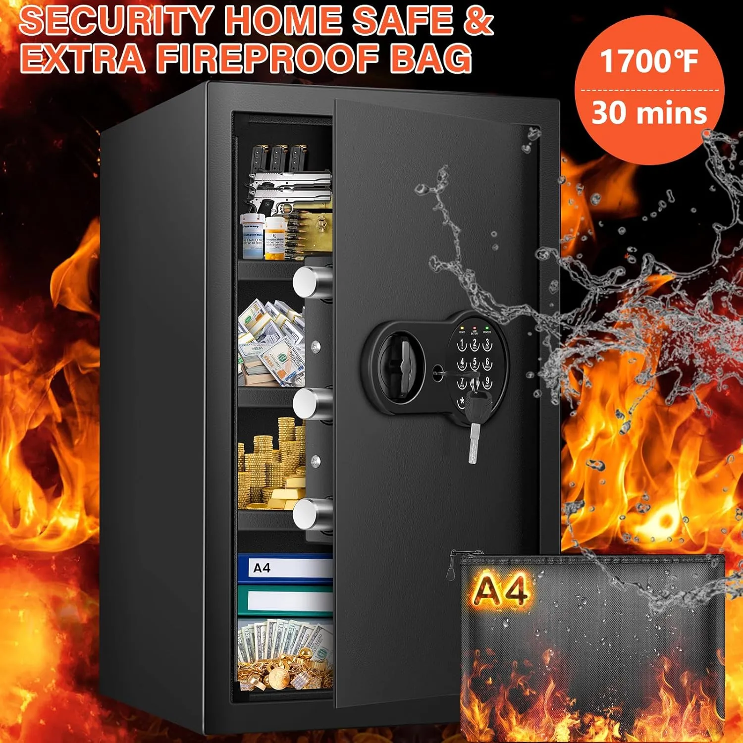 4.0 Cu ft Extra Large Home Safe Box Fireproof Waterproof, Fire proof Safe with Fireproof Document Bag, Digital Keypad and 3 Removable Steel Shelf, Security Box for Money Medicines Jewelry Valuables