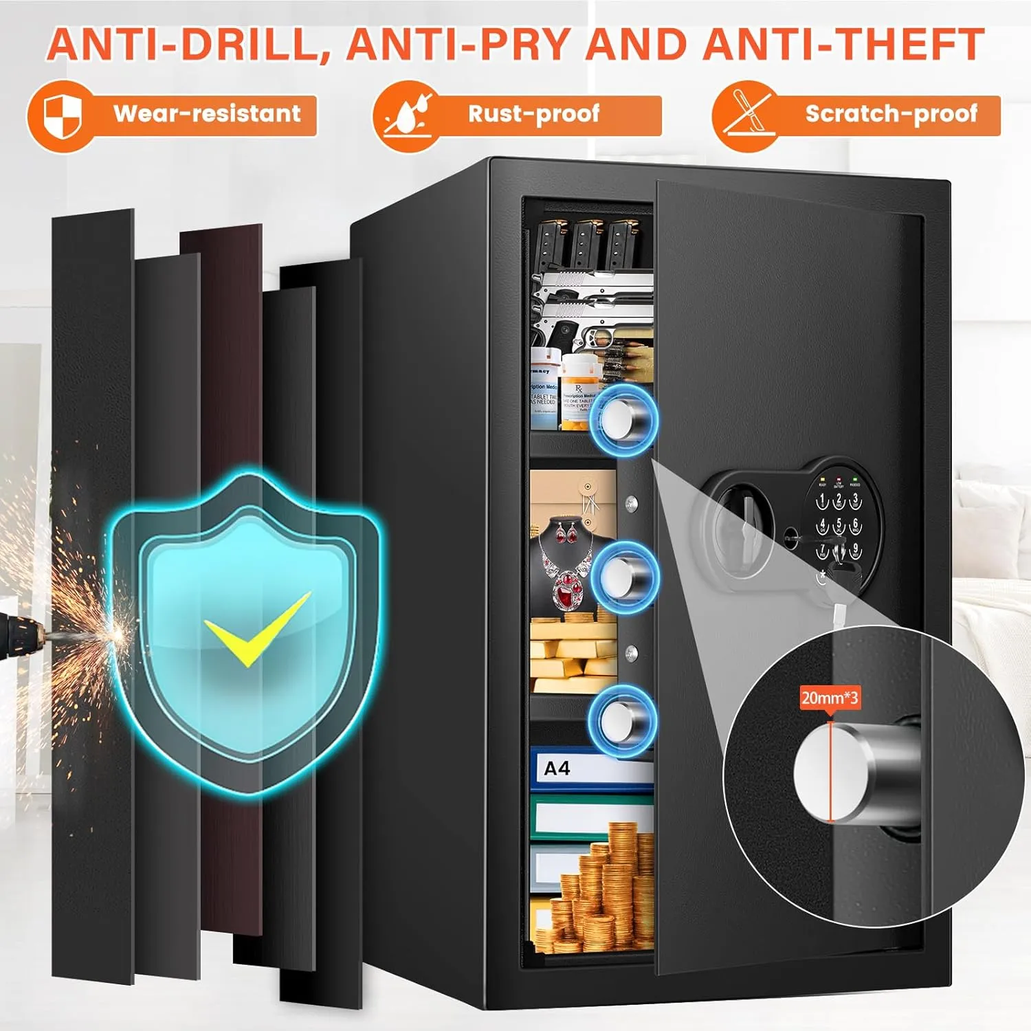 4.0 Cu ft Extra Large Home Safe Box Fireproof Waterproof, Fire proof Safe with Fireproof Document Bag, Digital Keypad and 3 Removable Steel Shelf, Security Box for Money Medicines Jewelry Valuables