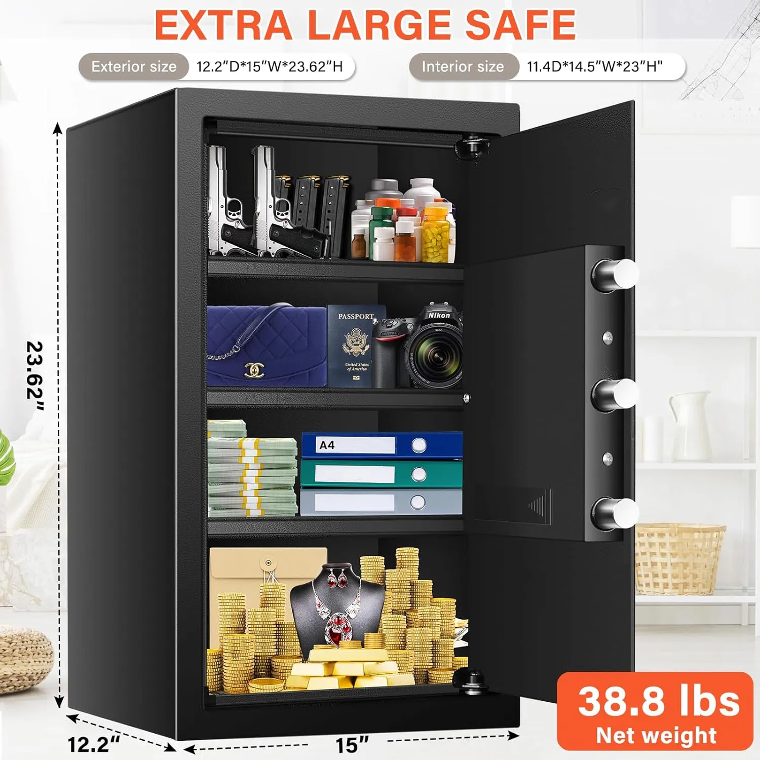 4.0 Cu ft Extra Large Home Safe Box Fireproof Waterproof, Fire proof Safe with Fireproof Document Bag, Digital Keypad and 3 Removable Steel Shelf, Security Box for Money Medicines Jewelry Valuables