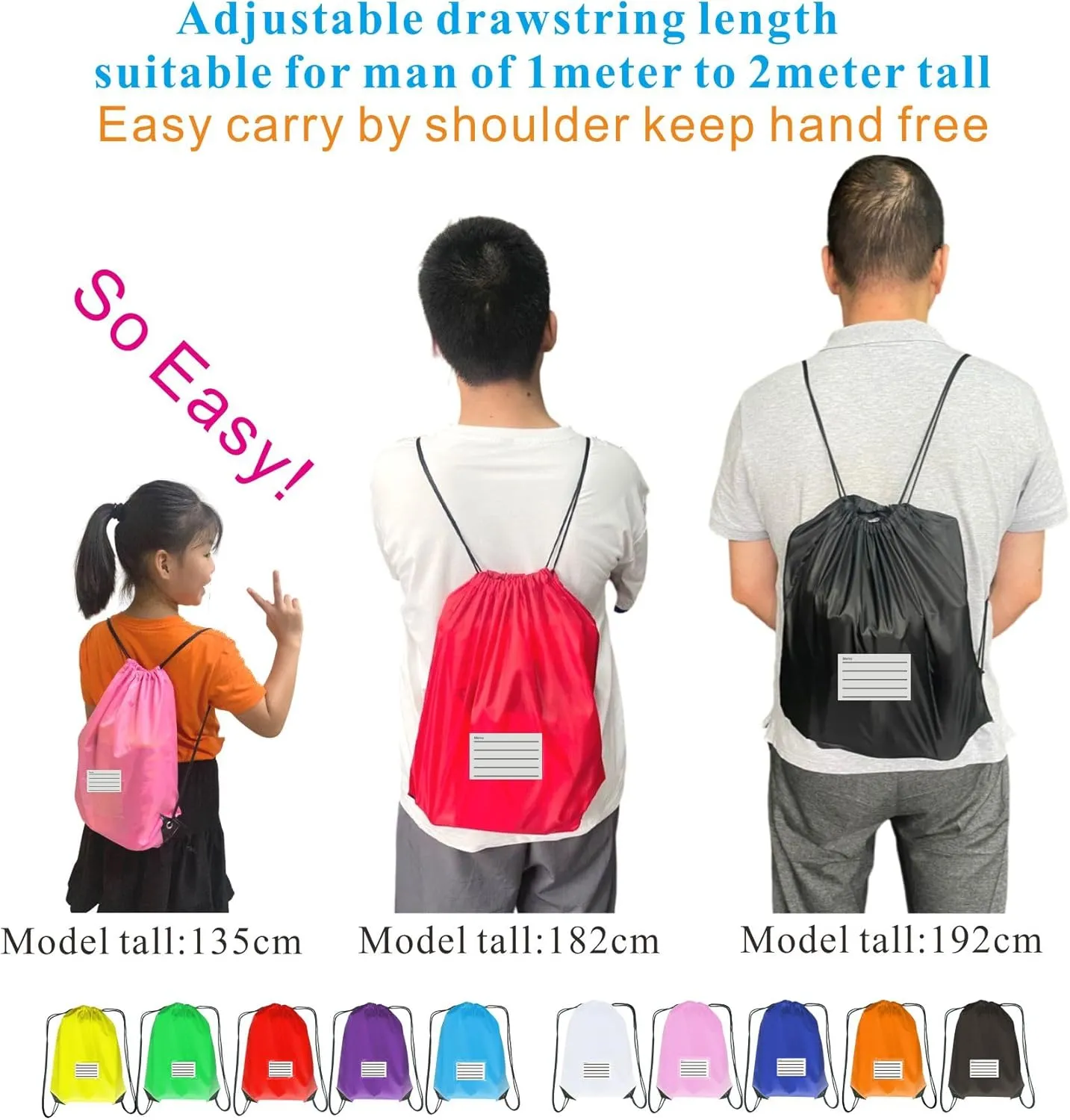 40 Drawstring Backpack Bags, 10 Colors, load15”laptop, A4 Book for working Gym and Sports