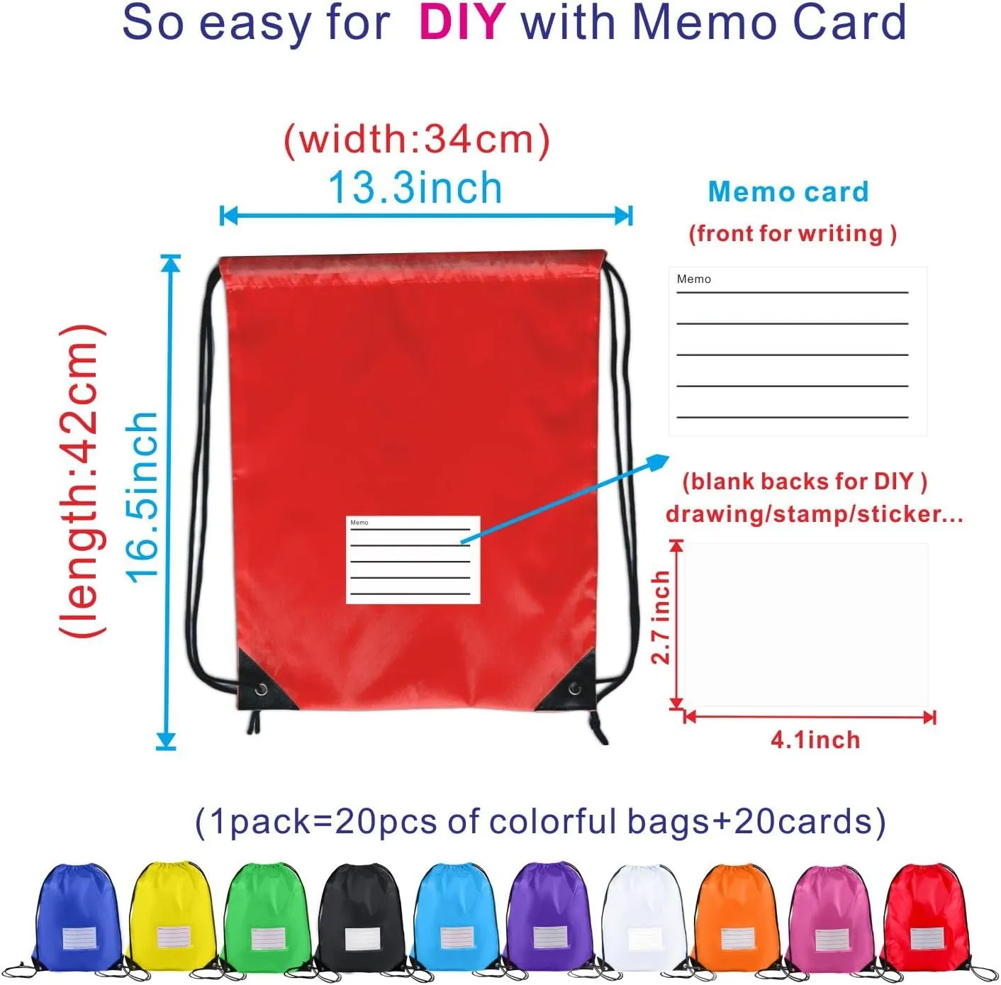 40 Drawstring Backpack Bags, 10 Colors, load15”laptop, A4 Book for working Gym and Sports