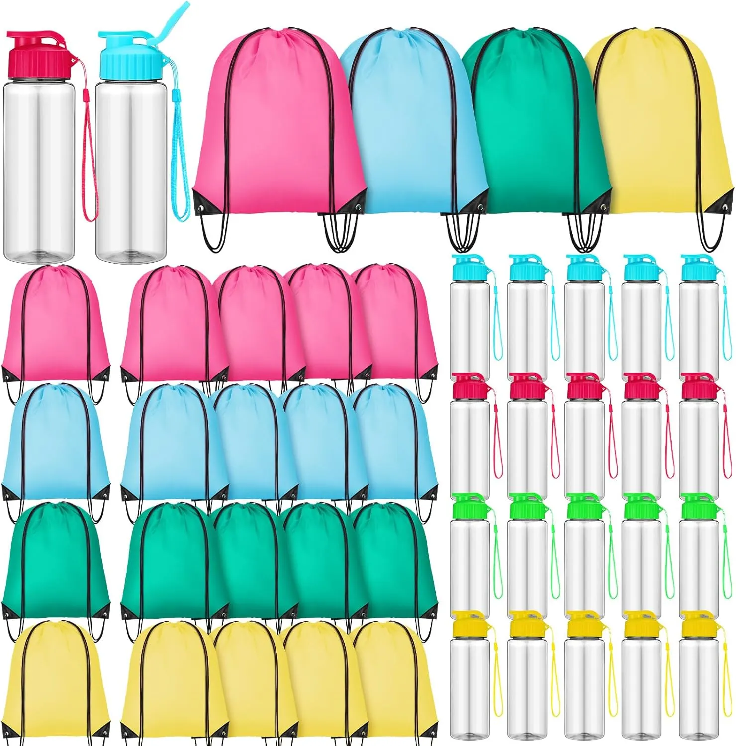 40 Pcs 17 oz Plastic Water Bottles Bulk and Drawstring Backpack Set Reusable Flip Top Leakproof Water Bottles with Handle for Adults Sports Gym Travel Party Outdoor(Stylish)