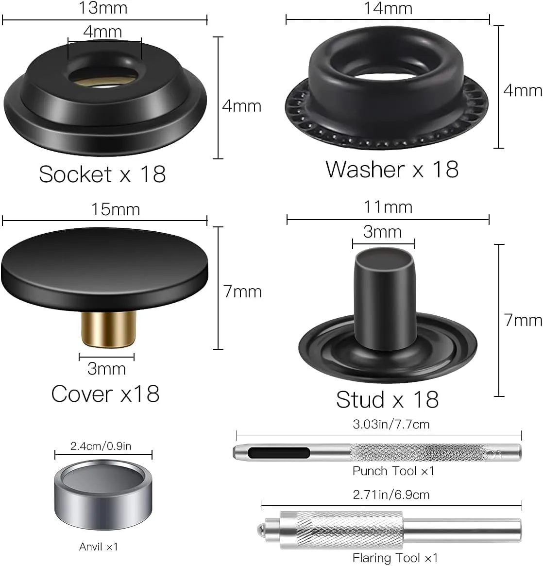 400 Pcs (100Sets) Snap Fastener Kit Tool 15MM Snap Button kit Snaps for Leather Leather Snaps and Fasteners Kit for High-Grade Metal Material Snaps for Bag, Jeans, Clothes, Fabric (Black)