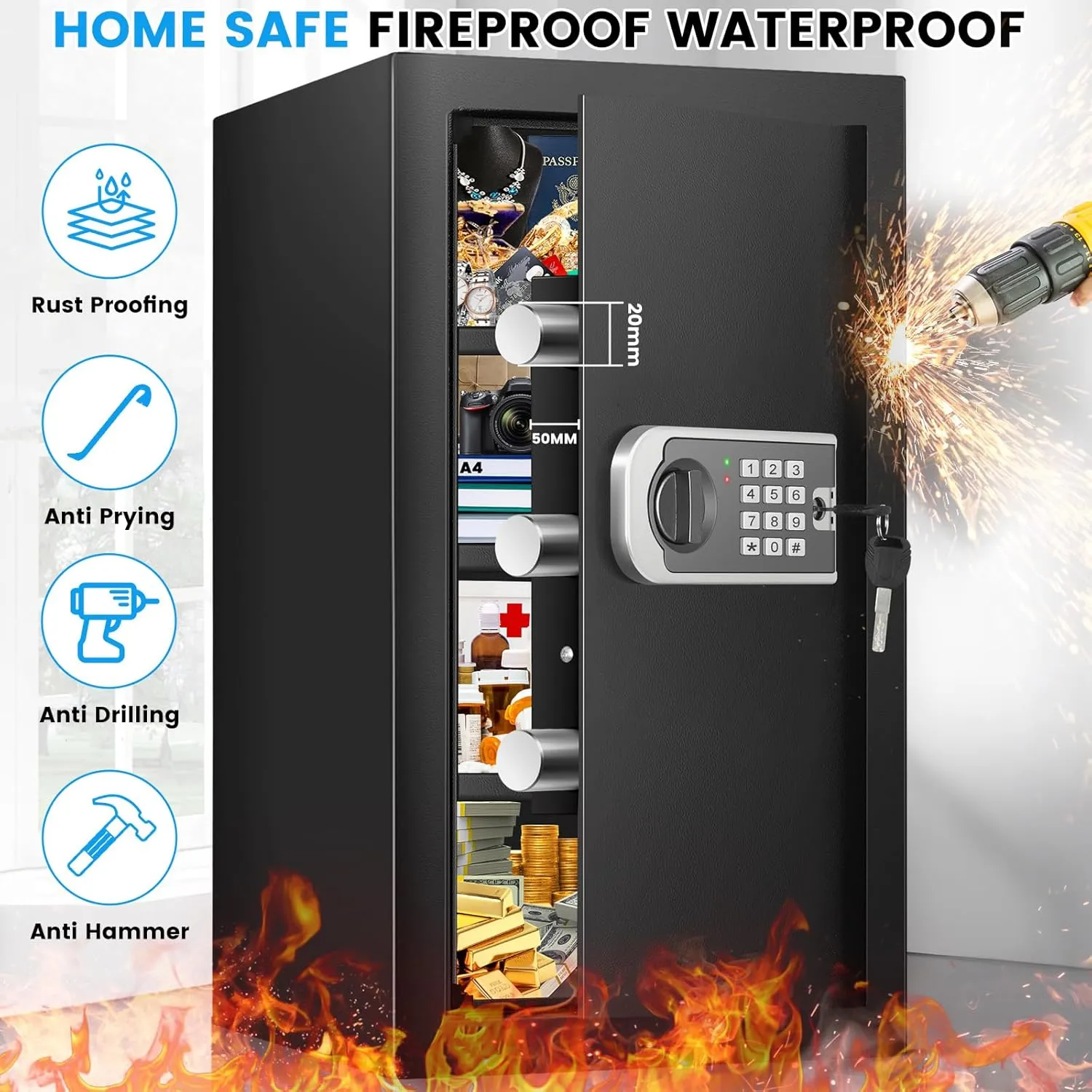 4.3 Cuft Large Fireproof Safe for Home, Safe Box Fireproof Waterproof, Anti-theft Digital Home Safes with Programmable Keypad Keys, Smart Alert, Mute Mode, Fire proof safe for Money Jewelry