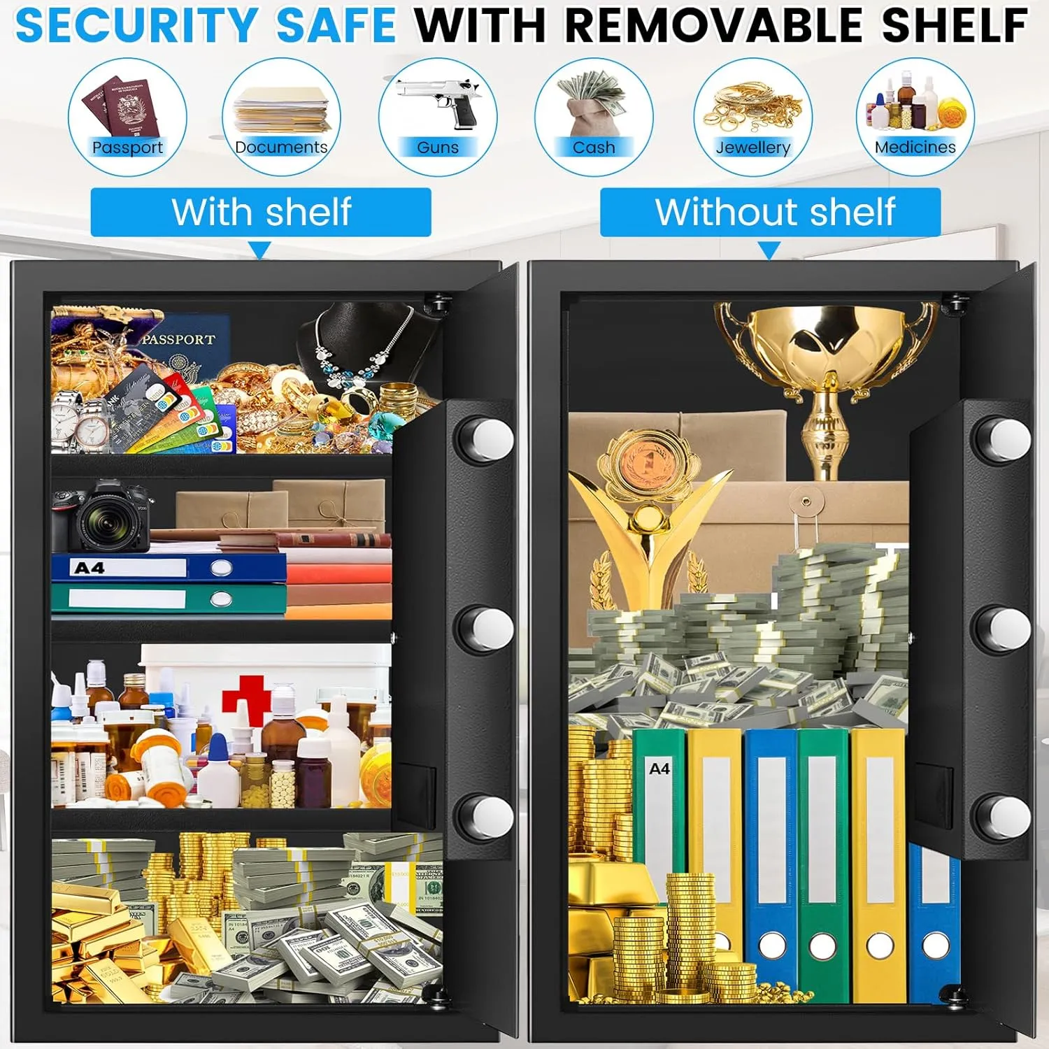 4.3 Cuft Large Fireproof Safe for Home, Safe Box Fireproof Waterproof, Anti-theft Digital Home Safes with Programmable Keypad Keys, Smart Alert, Mute Mode, Fire proof safe for Money Jewelry