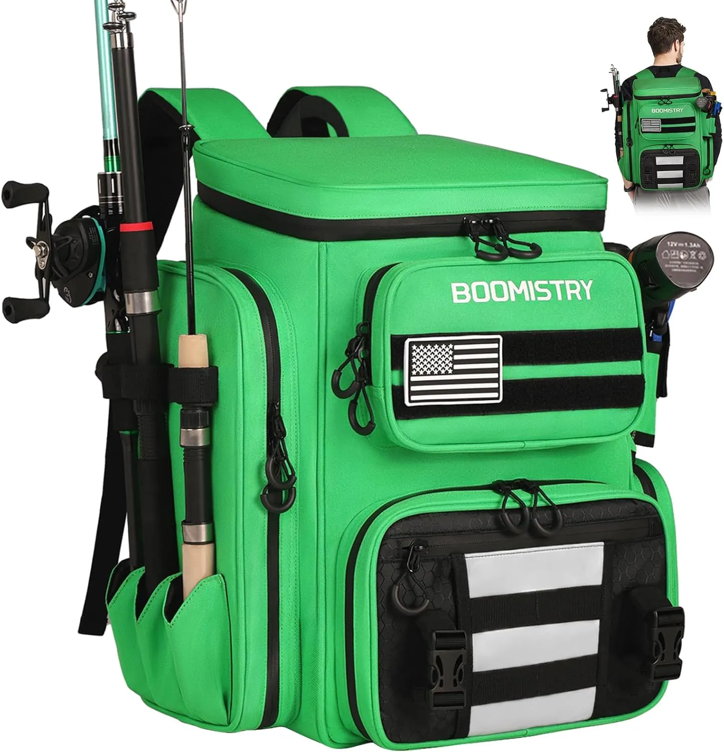 46L Fishing Backpack with Rod Holders, Waterproof Rain Cover, Large Backpack with Bottle Holder for Gear and Equipment, Outdoor Camping Hiking (Green)