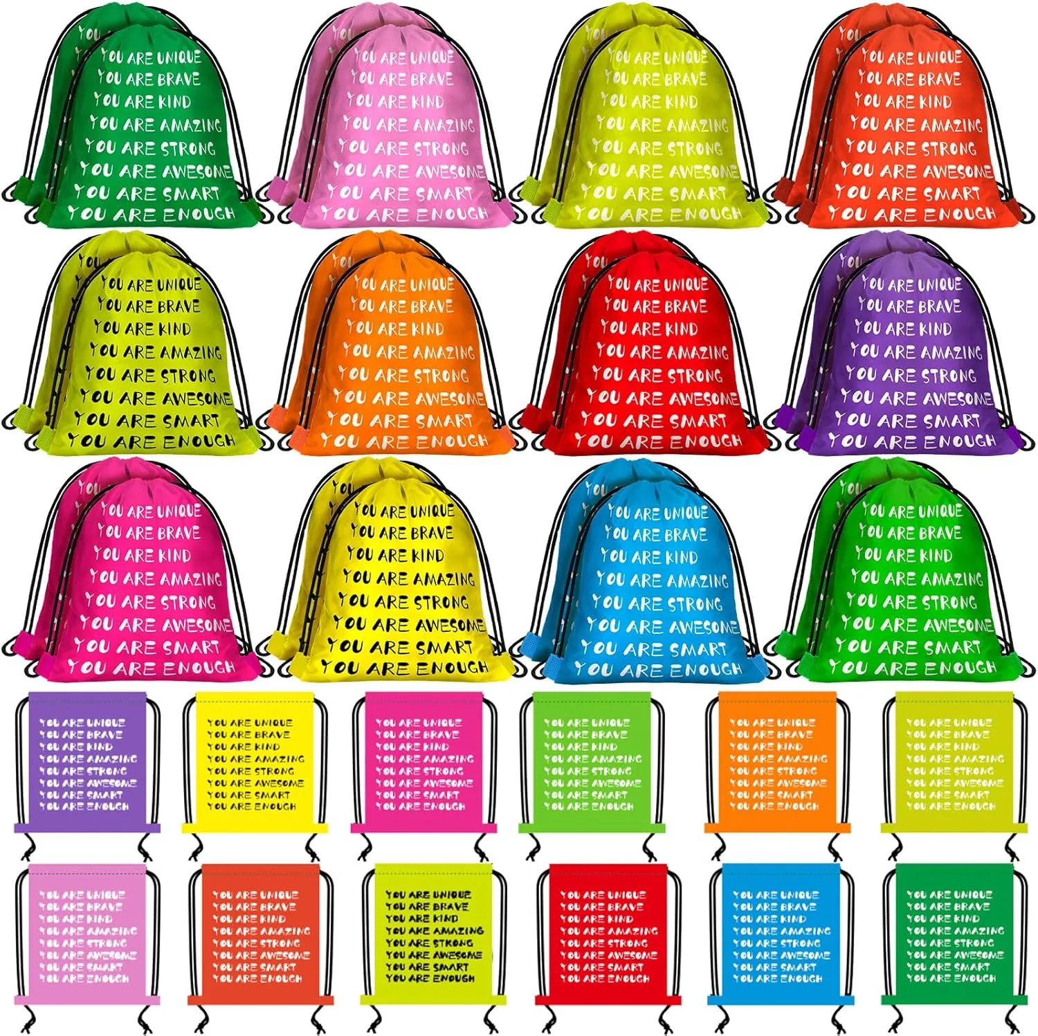 48 Pcs End of Year Gift Bags for Students Motivational Drawstring Backpack Bulk Colored Inspirational Cinch Sackpack Polyester Drawstring Bags for Teacher Gifts Back to School Party Favor Supplies