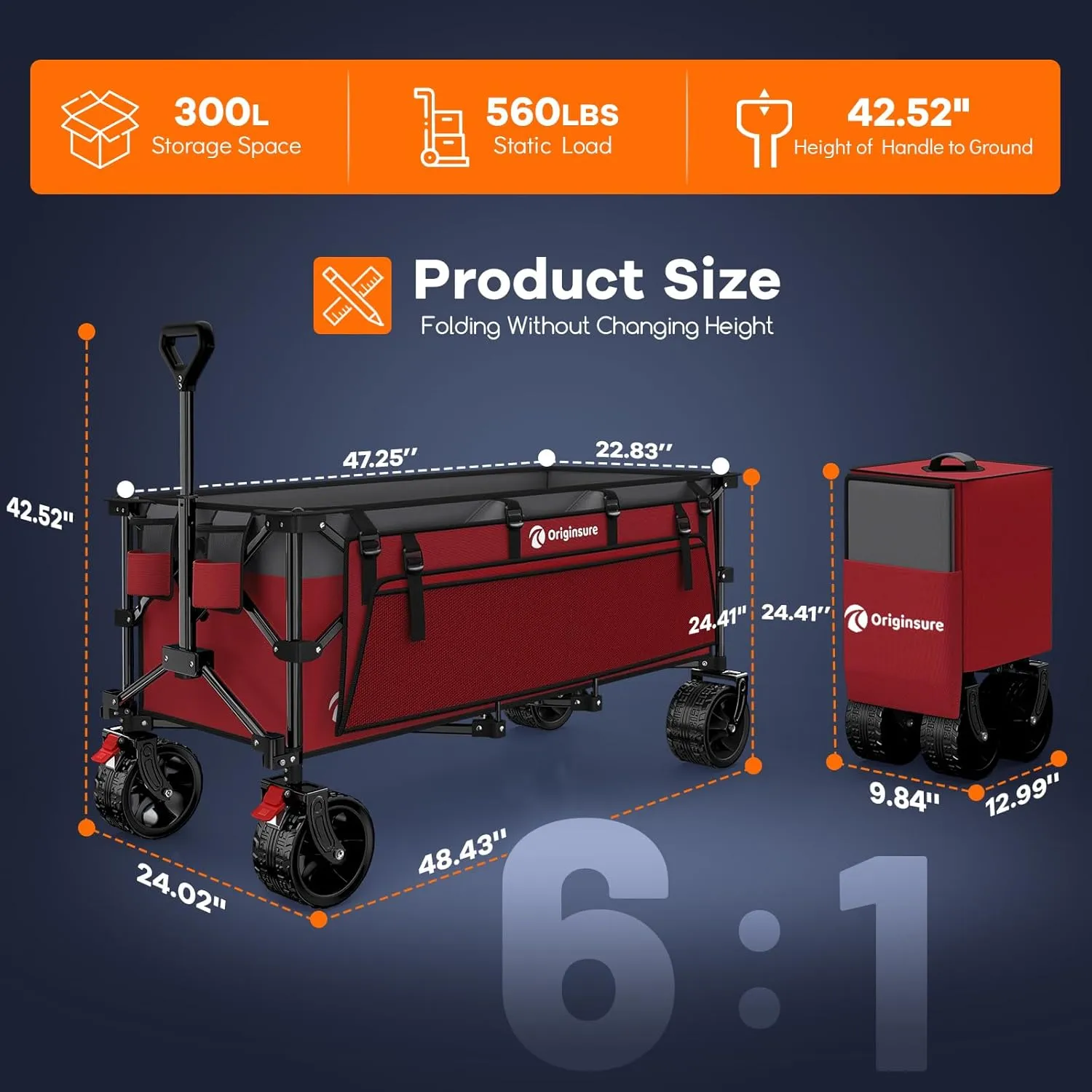48" L Collapsible Wagon Cart Foldable, 560LB Weight Capacity 300L Heavy Duty Folding Beach Wagons with Big All-Terrain Wheels, Utility Carts for Groceries, Shopping, Camping, Sports - Grey&Red
