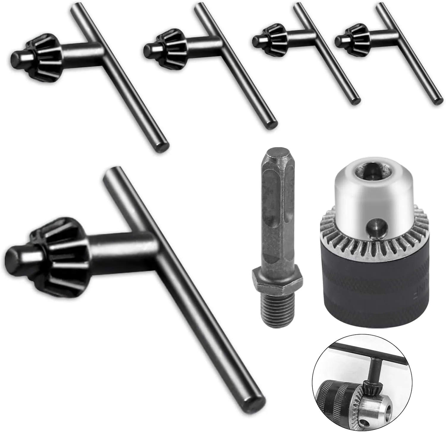 4Pcs Carbon Steel Drill Chuck Key Wrench Set, 1/4" 3/8" 5/32" Electric Clamping Tool and 1.5-10mm Keyless Drill Chuck for 1/2-20UNF Thread Spindl for Power Tools Accessories
