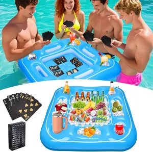 4th July Floating Pool Games Table for Adults,Inflatable Game Table for Pool Parties with Holders for Drink&Snack,Pool Floaties Tables w/ Waterproof Card Set,Floating Card Table for Summer Pool Party