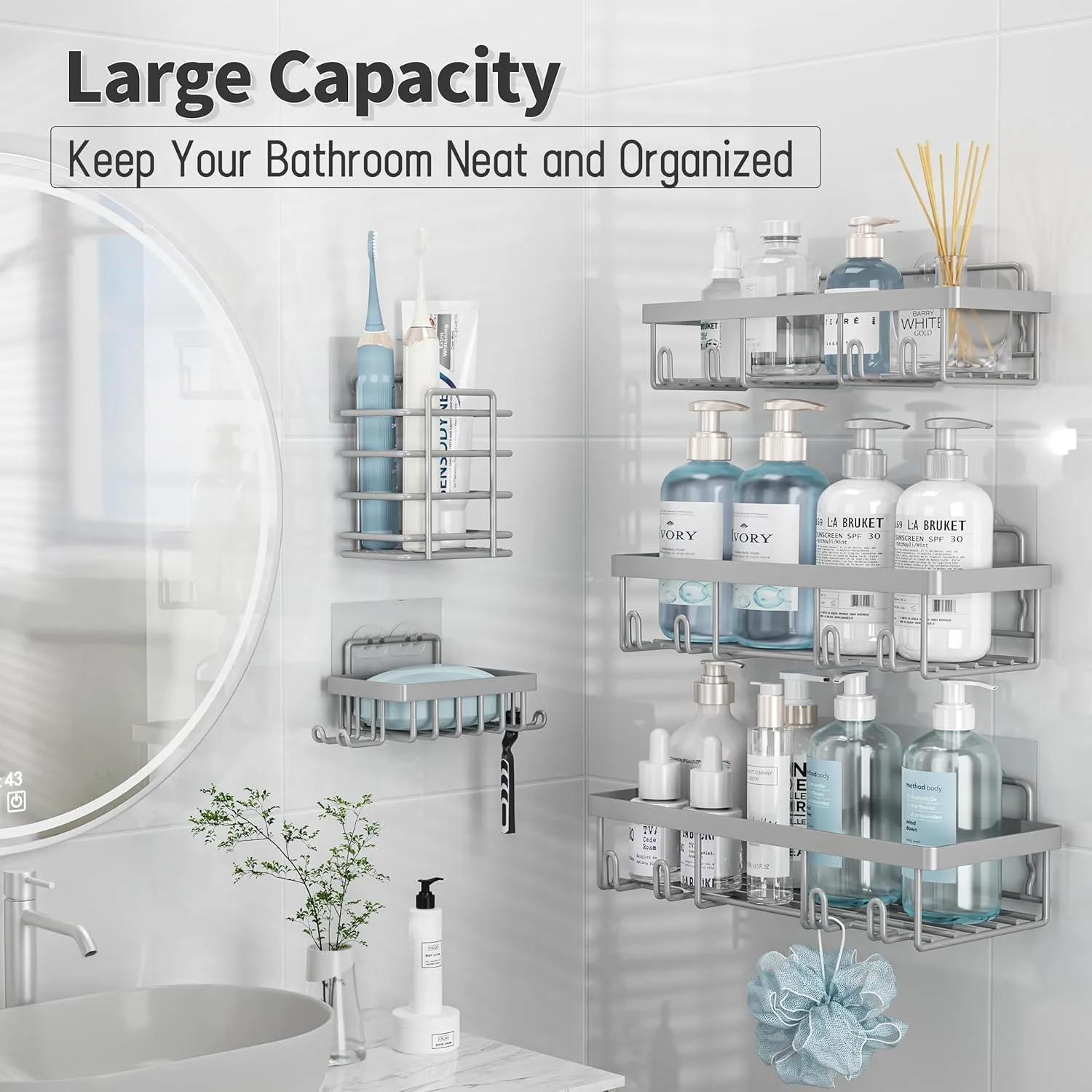 5 Pack Shower Caddy Organizer Rack Shelf for Inside Shower, Self Adhesive Bathroom Wall Storage Basket Rustproof Stainless Steel Large Capacity Shampoo Holder, Grey