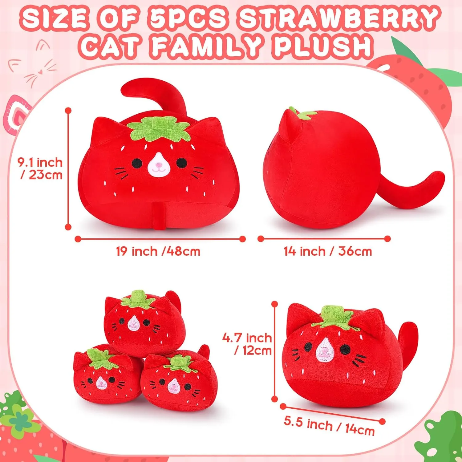 5 PCS Strawberry Cat Plush Stuffed Animal Family-19" Soft Strawberry Cat Plush, Large Mommy Plushies with 4 Baby Kittens Plushies, Kawaii Plushie Toy Christmas Birthday Gifts for Kids Boys