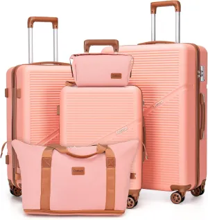 5 Piece Luggage Sets with Spinner Wheels, Hardshell ABS Suitcase Set with Tsa Lock, Lightweight Hardside Waterproof Travel Suitcases for Men Women, Pink (20"/24"/28")