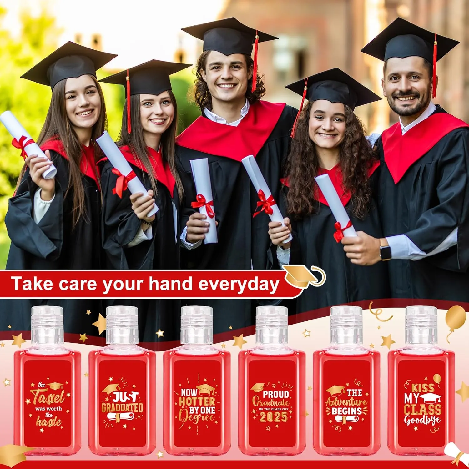 50 Pack Graduation Mini Hand Sanitizer Bulk Graduation Gift for Teacher Classmates 1fl oz Travel Size Hand Sanitizer Graduation Hand Soap Gifts for Graduation Party Favors Supplies (Red)