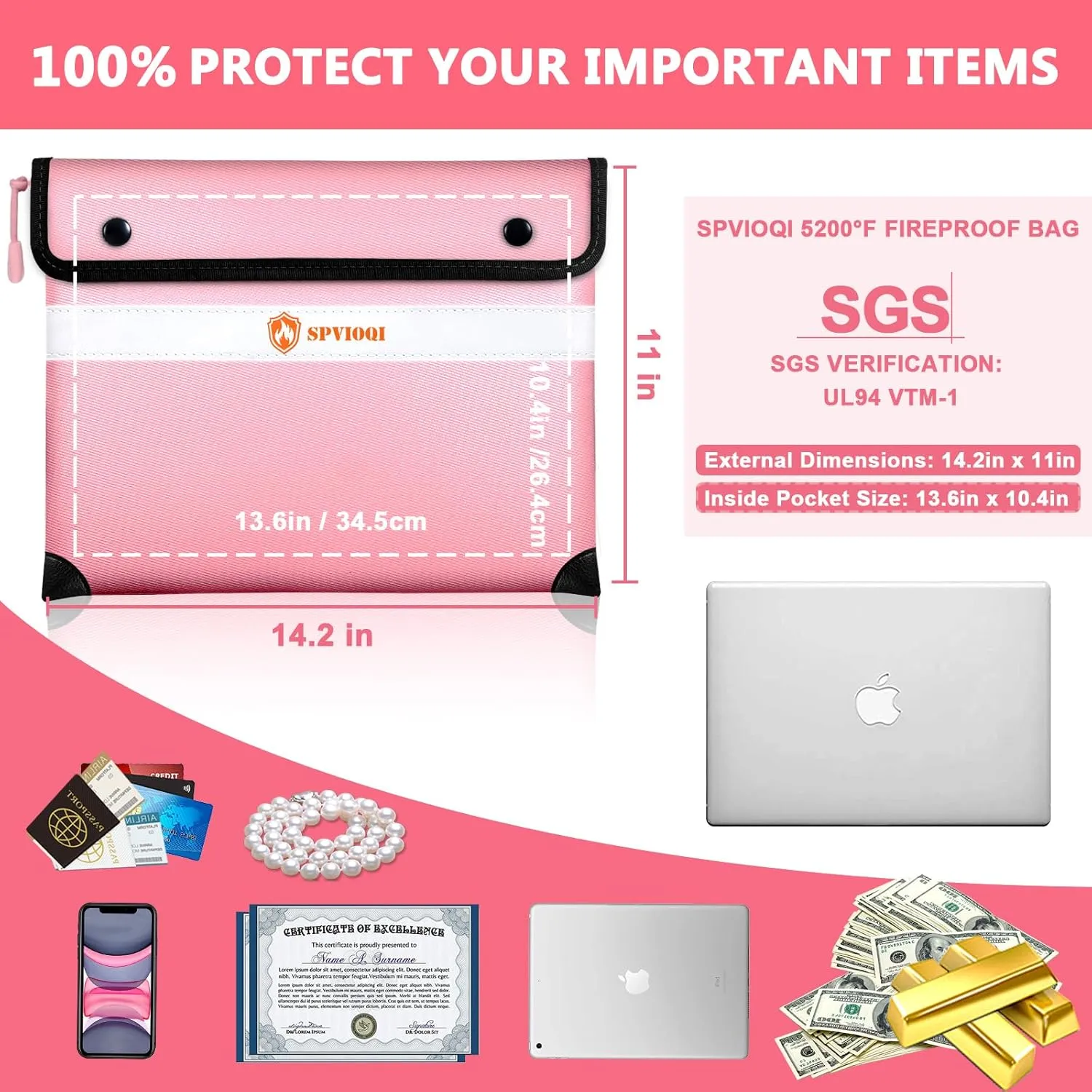 5200 Degree F Fireproof Document Bag -Heat Insulated, Upgraded Water Fire Proof Bag with Zipper, 9 Layers of Functional Materials, 14.2 X 11” Fire Proof Money Bag for Cash, Important Documents and Valuables