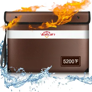 5200°F Heat Insulated Fire Proof Money Bag with Soft Leather Hand Strap, Fireproof Pouch with Water Resistant Zippe,Fire and Waterproof Envelope for Cash,Valuables,Jewelry(13.9"x10.6"，Brown)