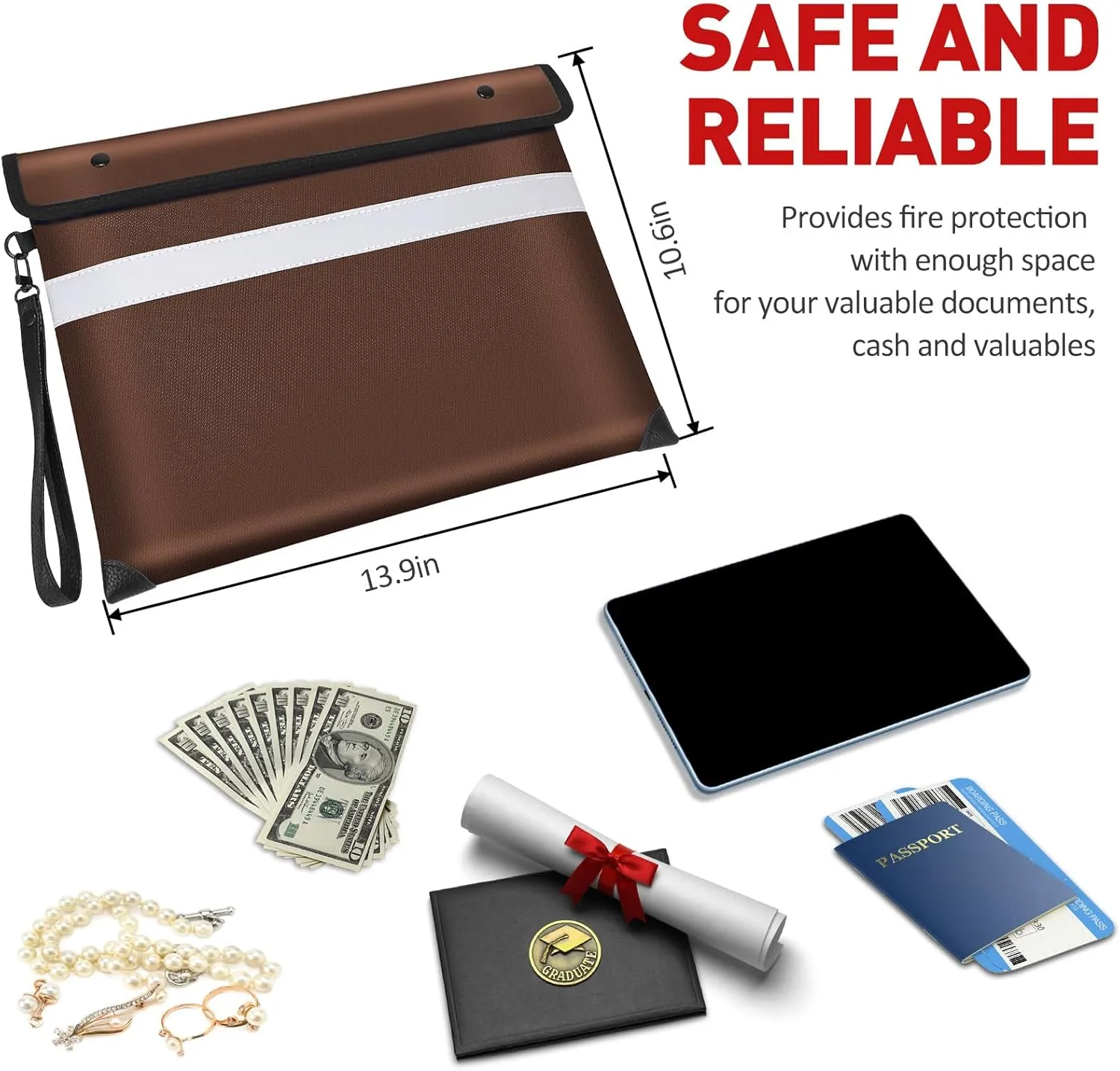 5200°F Heat Insulated Fire Proof Money Bag with Soft Leather Hand Strap, Fireproof Pouch with Water Resistant Zippe,Fire and Waterproof Envelope for Cash,Valuables,Jewelry(13.9"x10.6"，Brown)