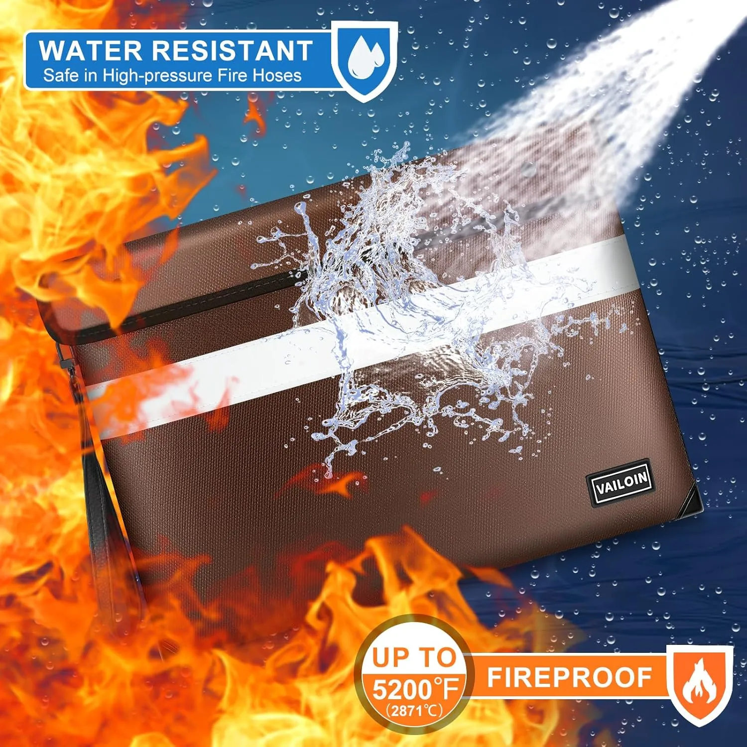 5200°F Heat Insulated Fire Proof Money Bag with Soft Leather Hand Strap, Fireproof Pouch with Water Resistant Zippe,Fire and Waterproof Envelope for Cash,Valuables,Jewelry(13.9"x10.6"，Brown)