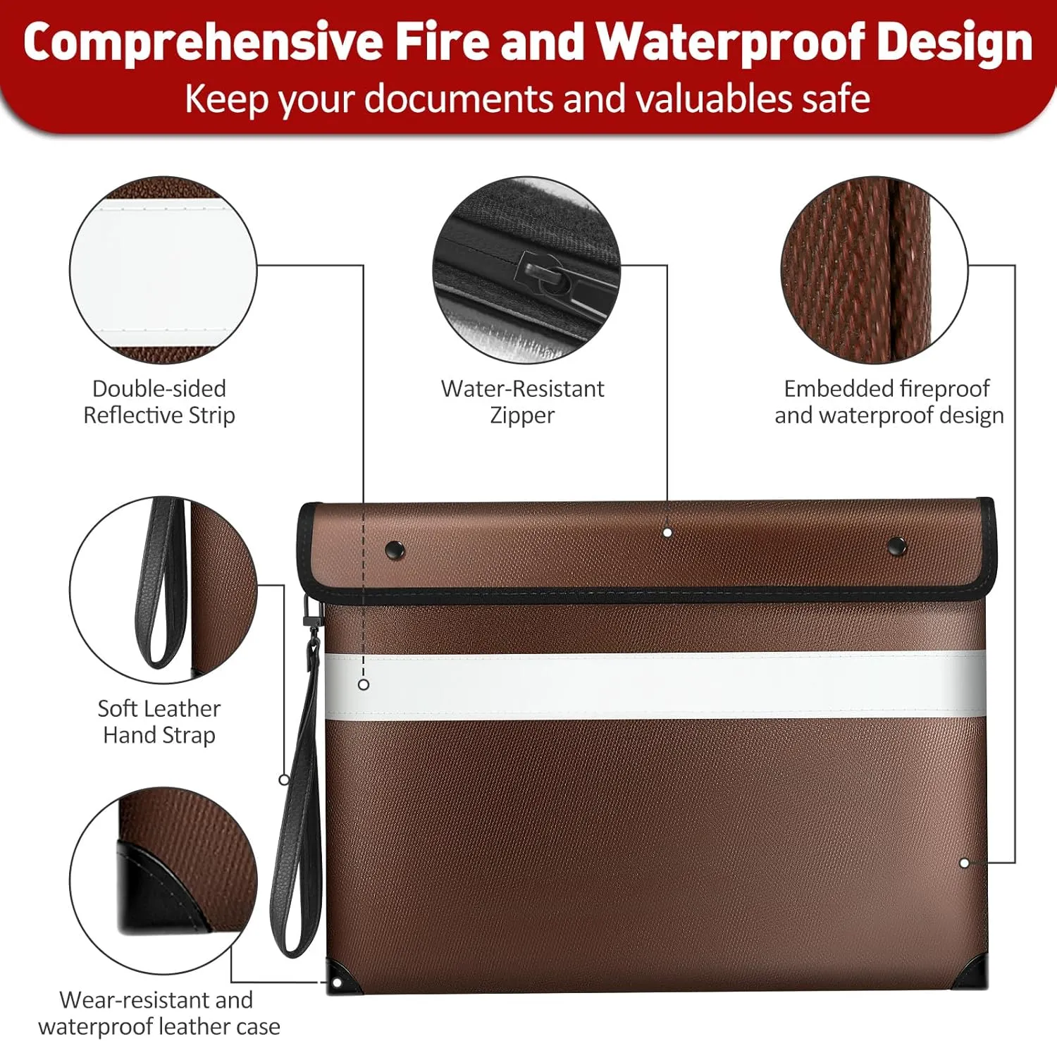 5200°F Heat Insulated Fire Proof Money Bag with Soft Leather Hand Strap, Fireproof Pouch with Water Resistant Zippe,Fire and Waterproof Envelope for Cash,Valuables,Jewelry(13.9"x10.6"，Brown)