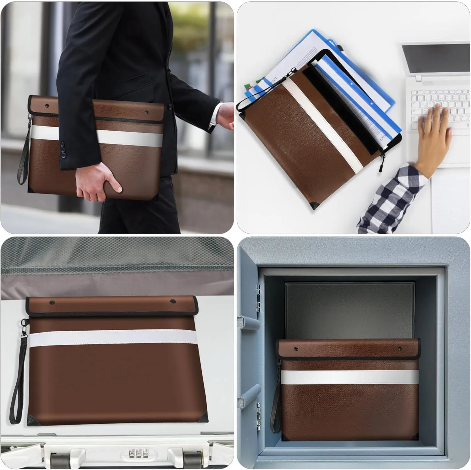 5200°F Heat Insulated Fire Proof Money Bag with Soft Leather Hand Strap, Fireproof Pouch with Water Resistant Zippe,Fire and Waterproof Envelope for Cash,Valuables,Jewelry(13.9"x10.6"，Brown)