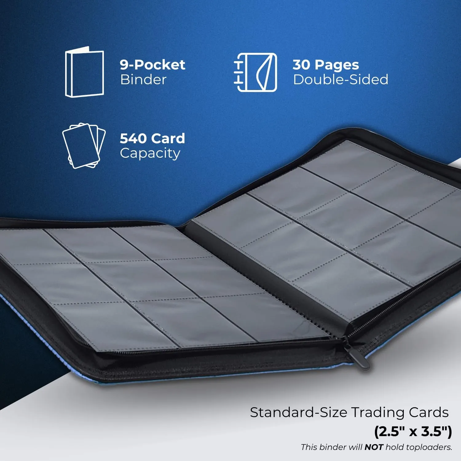 540 Pockets Trading Card Binder, 30 Double Sided Pages, 9 Pockets Per Page, Premium Sleeves Protect and Display Sports Cards, Game Cards - Glacial Blue