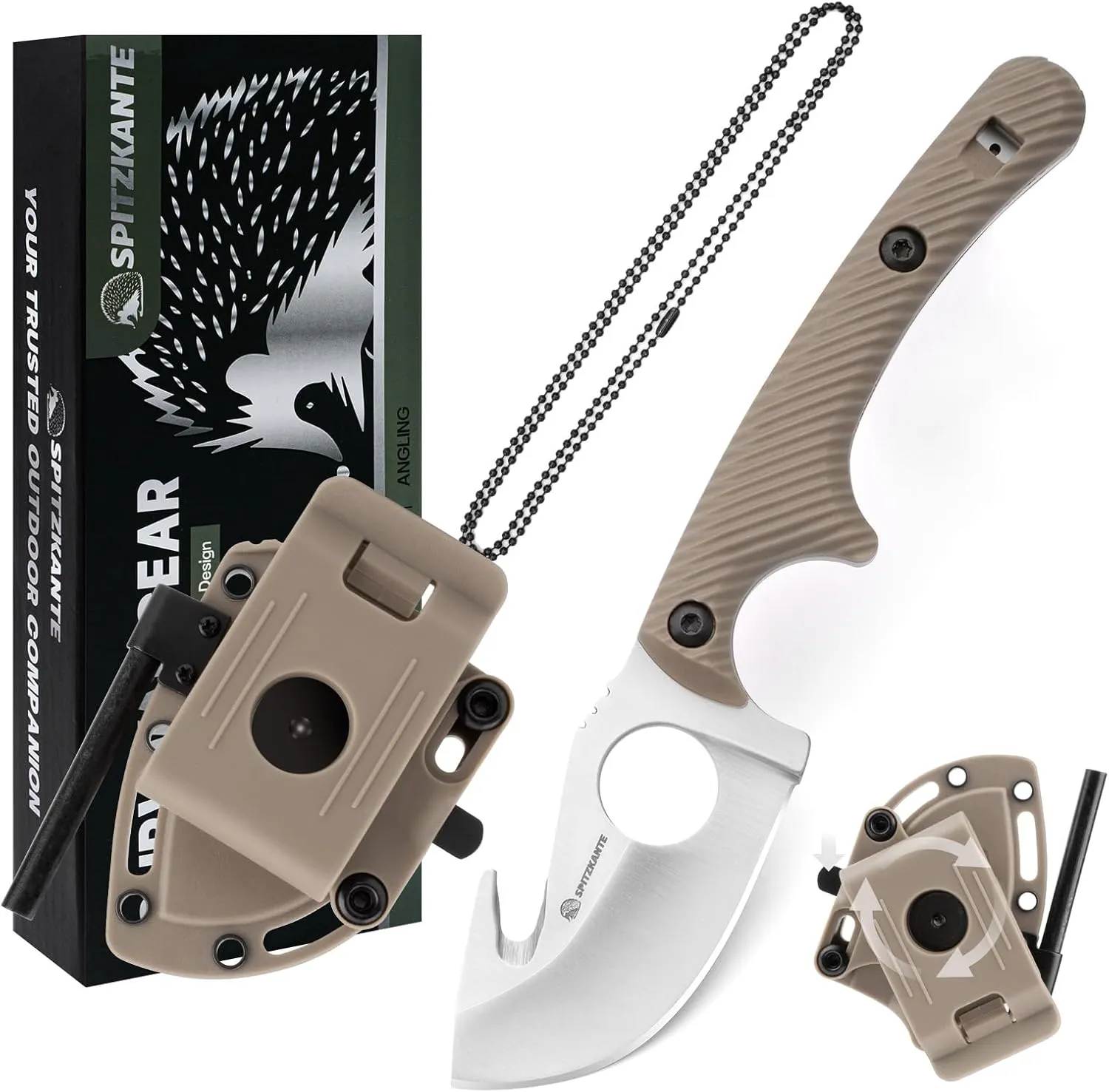 5.98" EDC Fixed Blade Knife HO-YN, Small Neck Knife with Gut Hook, 5Cr15MoV Steel, Fire Starter and 360° Adjustable Belt Clip for Camping, Survival, Skinning