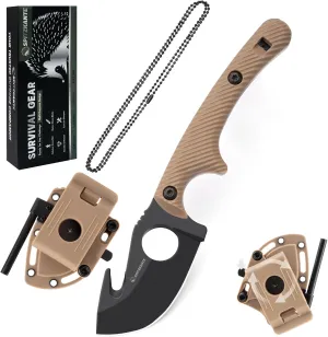 5.98" Small EDC Fixed Blade Knife with Sheath HO-YN,360° Adjustable Belt Clip (6-Way Carry), Neck Knife for Skinning, Gut-Hook Blade, Fire Starter & Survival Whistle, Khaki Handle