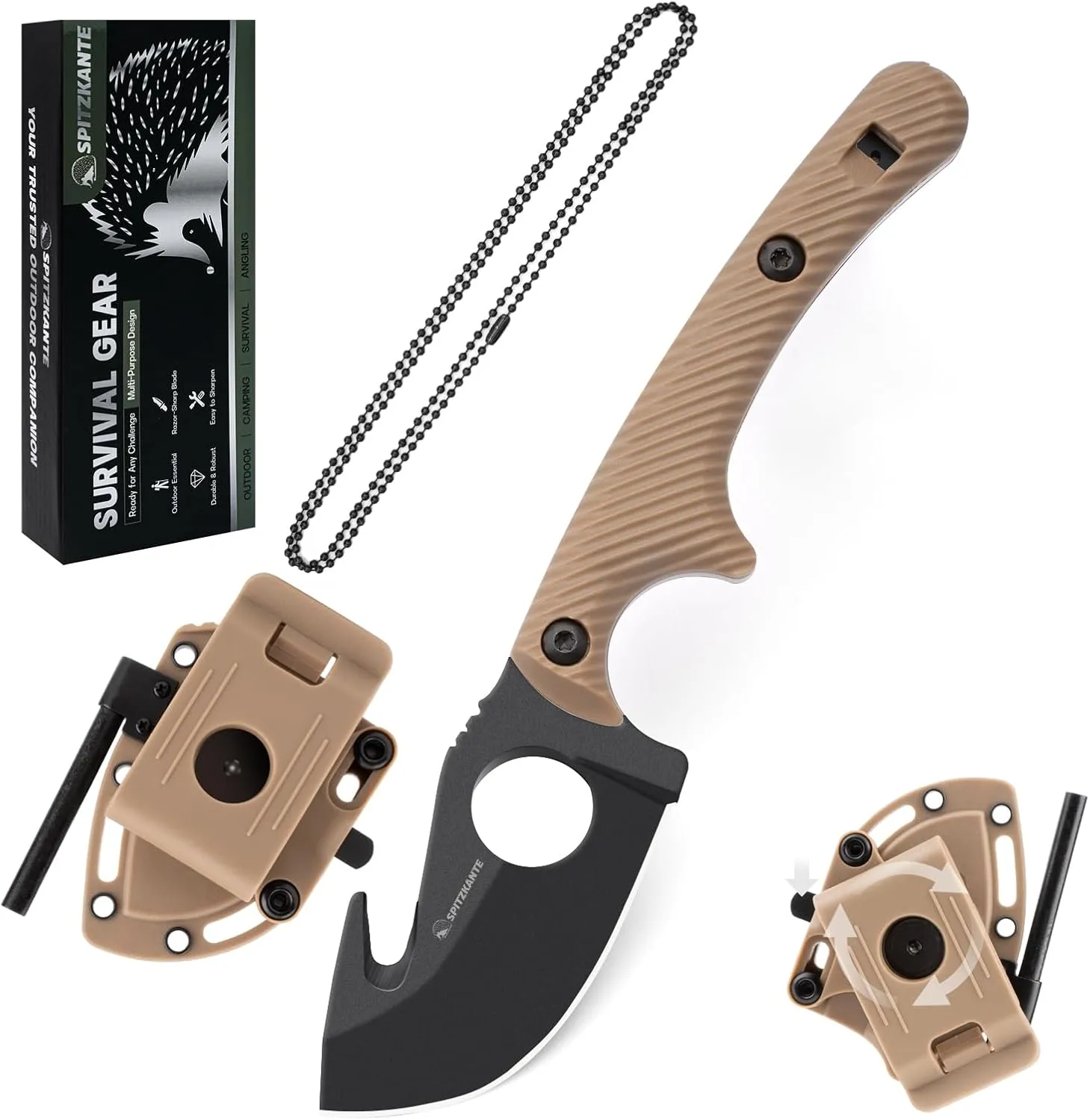 5.98" Small EDC Fixed Blade Knife with Sheath HO-YN,360° Adjustable Belt Clip (6-Way Carry), Neck Knife for Skinning, Gut-Hook Blade, Fire Starter & Survival Whistle, Khaki Handle