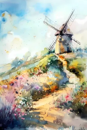 5D Adult Diamond Painting Kit Watercolor Landscape with Windmill and Flowers Diamond Painting Full Diamond Gemstone Painting Suitable for Relieving Emotions Windmill Diamond Dots Art Crafts 18x24 inch