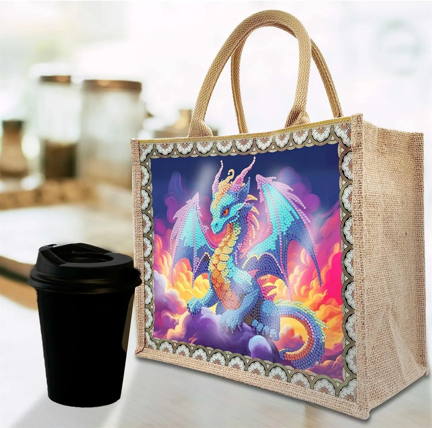 5D Art Painting Tote Bag Kit, DIY 5D Art Painting Handbag Kits, Diamond Art Bag for Home Organizer (Single Side Dot Diamond)