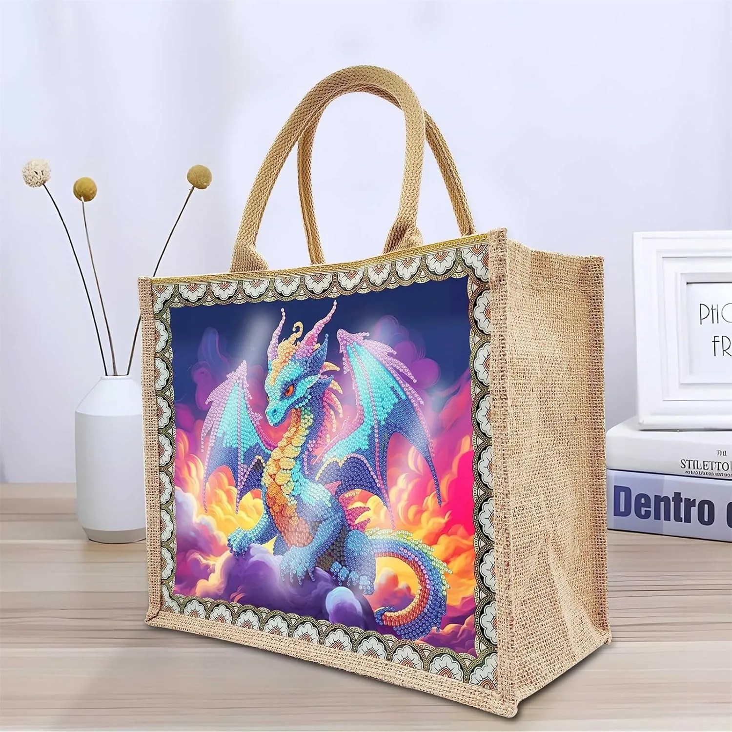 5D Art Painting Tote Bag Kit, DIY 5D Art Painting Handbag Kits, Diamond Art Bag for Home Organizer (Single Side Dot Diamond)