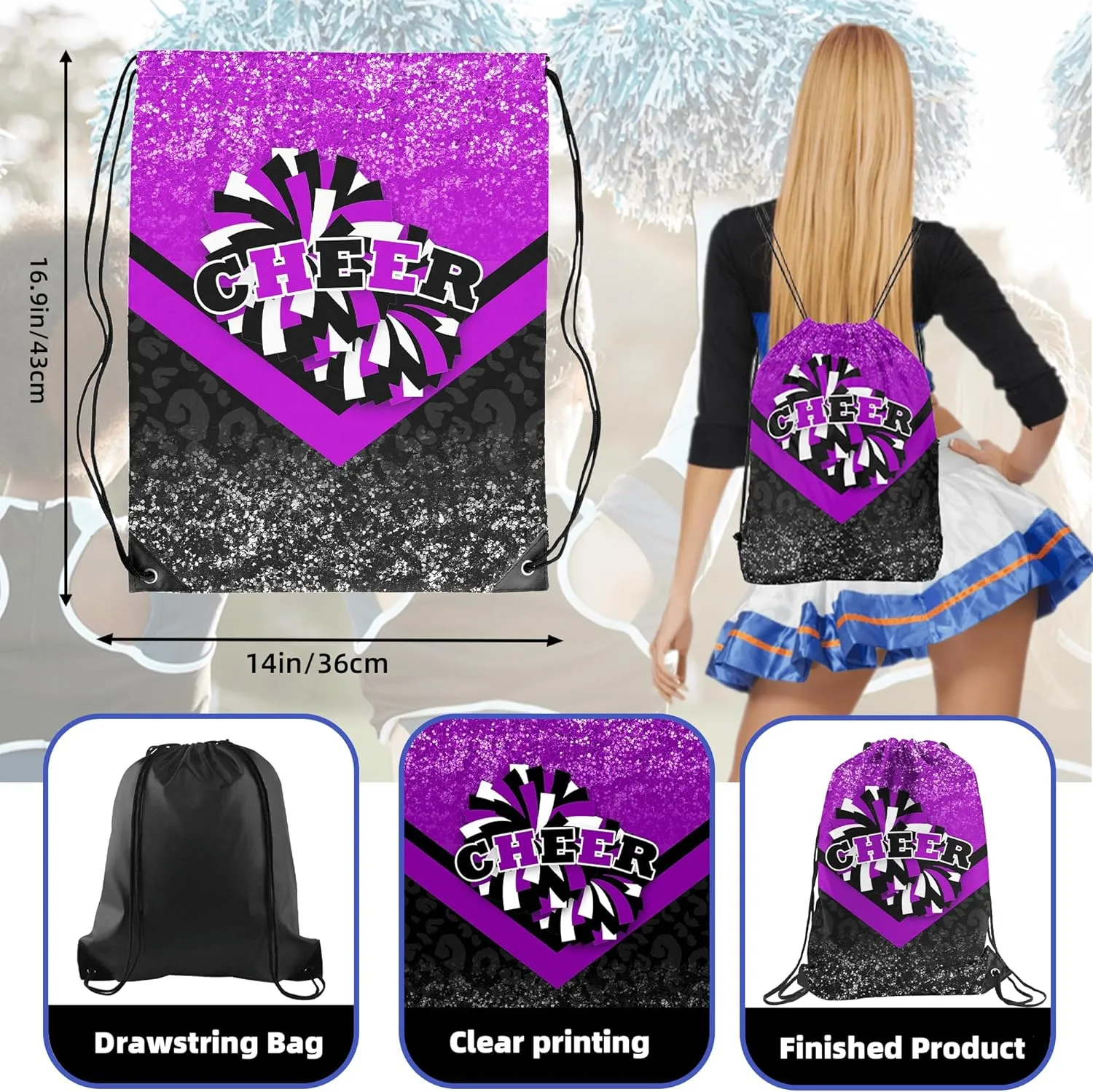 6 Pcs Cheer Drawstring Backpack Cheerleading Drawstring Gym Bags Cheerleader Gifts for Cheerleaders (Black&Purple)