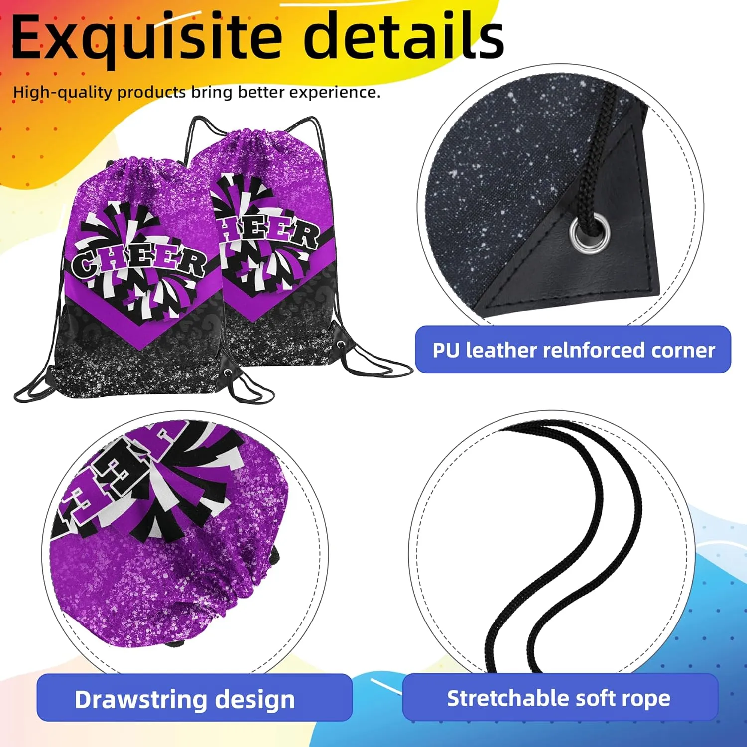 6 Pcs Cheer Drawstring Backpack Cheerleading Drawstring Gym Bags Cheerleader Gifts for Cheerleaders (Black&Purple)
