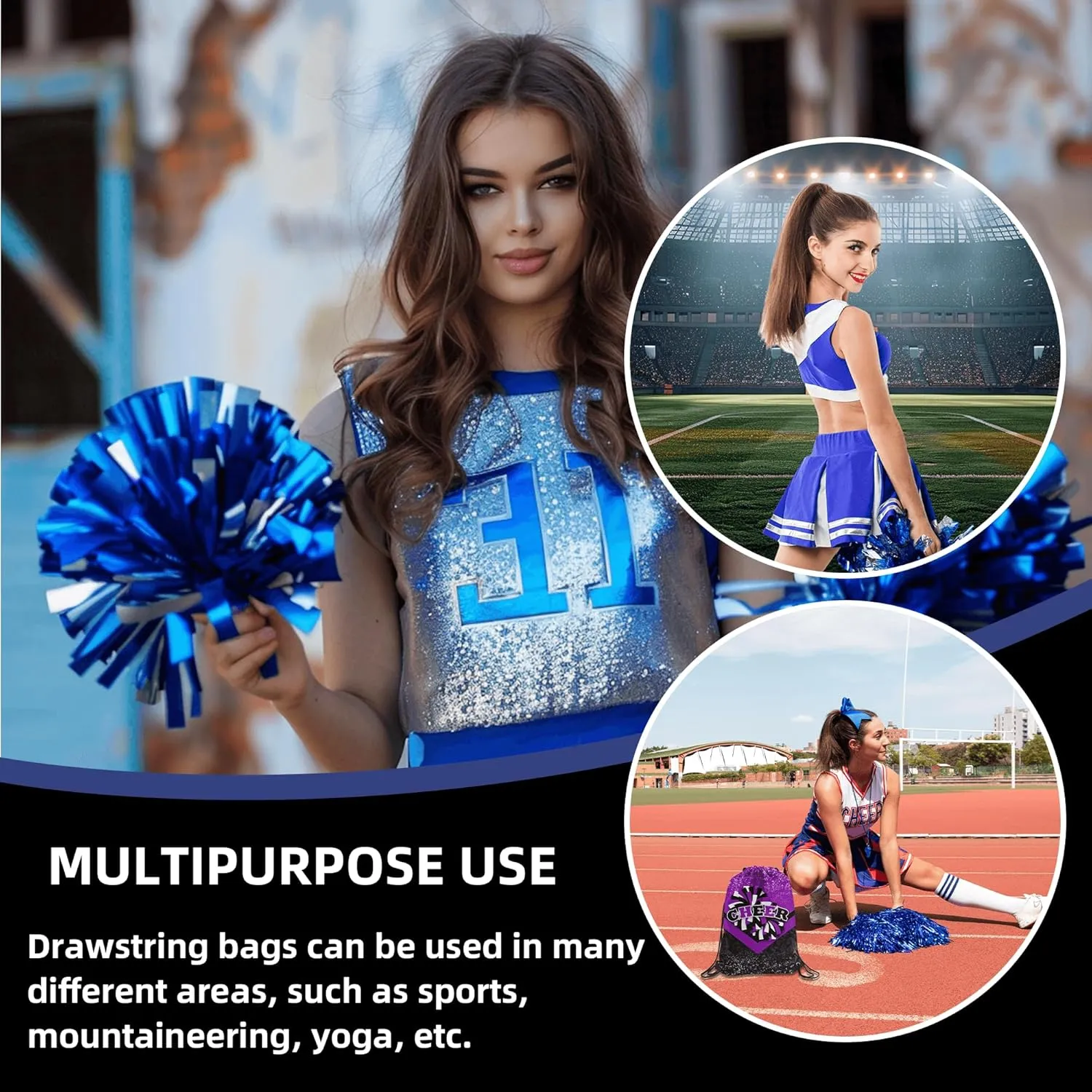 6 Pcs Cheer Drawstring Backpack Cheerleading Drawstring Gym Bags Cheerleader Gifts for Cheerleaders (Black&Purple)