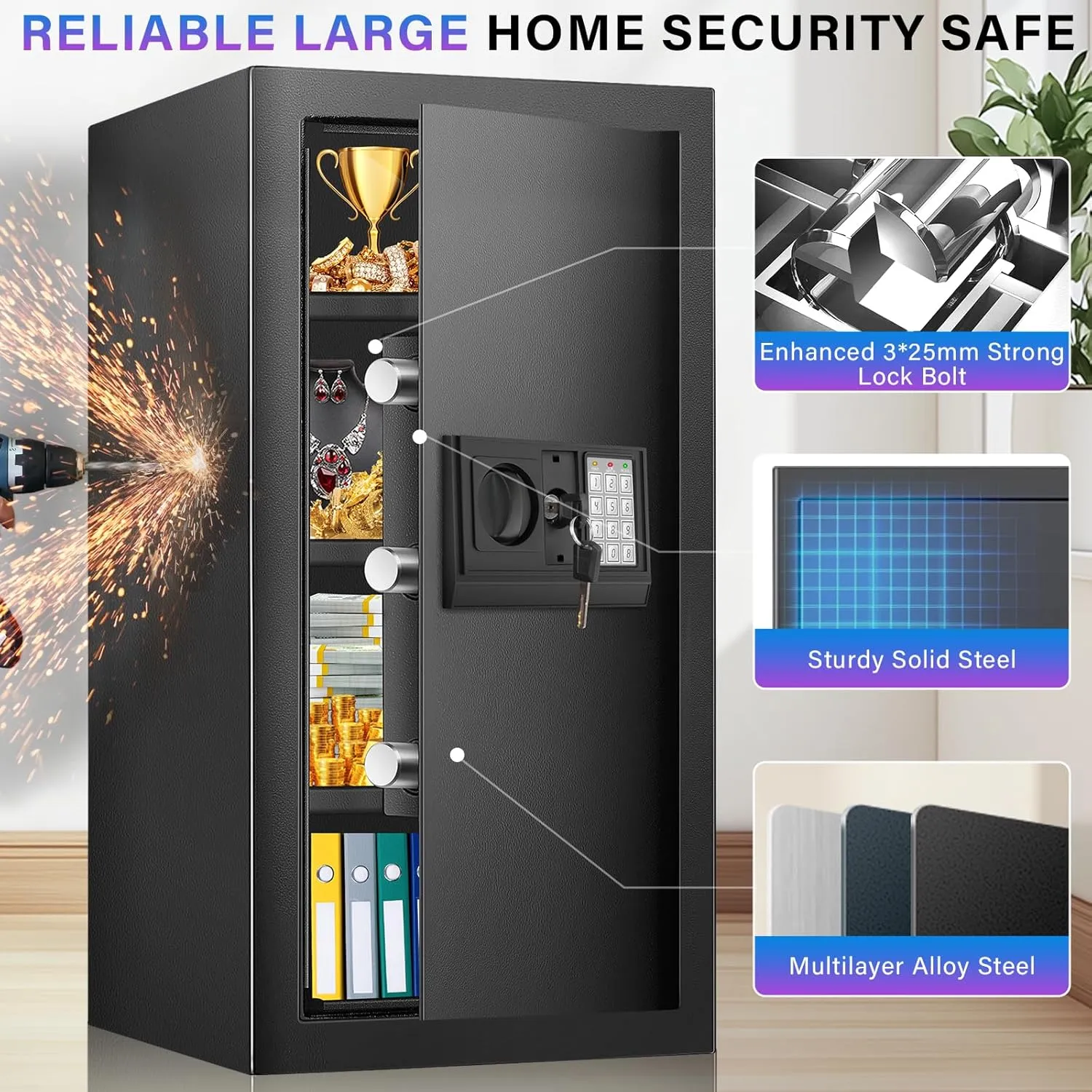 6.0 Cuft Safe Box, Home Safe with Fireproof Waterproof Bag, Anti-Theft Digital Security Lock Box with Smart Alert System, Removable Shelf, Mute Function, Personal Document Safes for Money Jewelry
