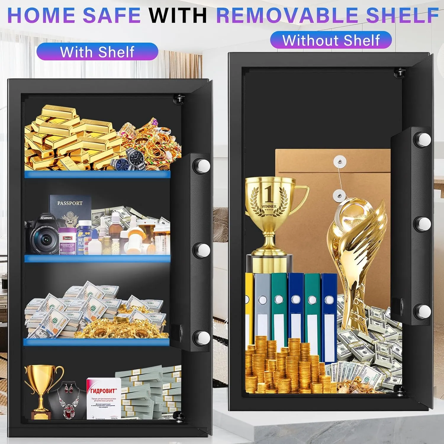 6.0 Cuft Safe Box, Home Safe with Fireproof Waterproof Bag, Anti-Theft Digital Security Lock Box with Smart Alert System, Removable Shelf, Mute Function, Personal Document Safes for Money Jewelry