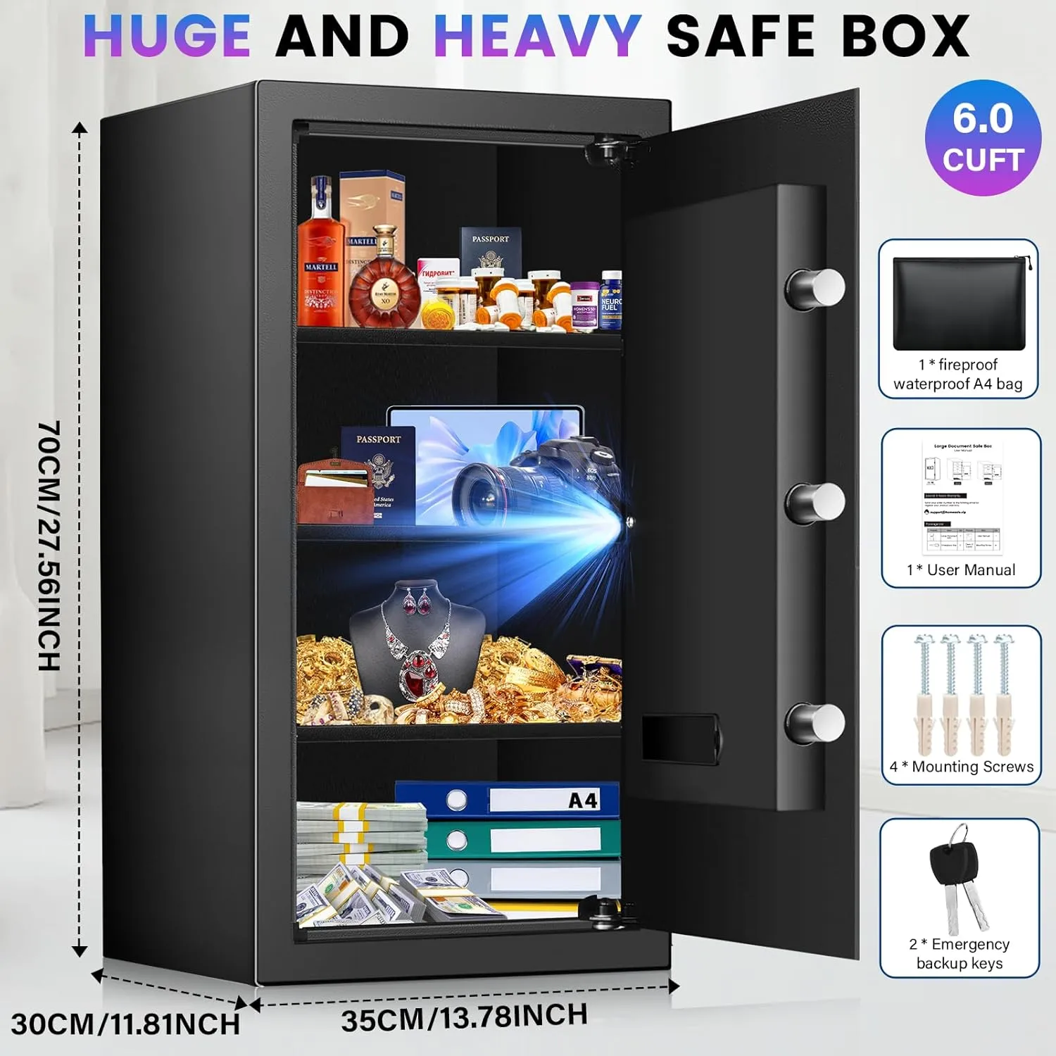 6.0 Cuft Safe Box, Home Safe with Fireproof Waterproof Bag, Anti-Theft Digital Security Lock Box with Smart Alert System, Removable Shelf, Mute Function, Personal Document Safes for Money Jewelry