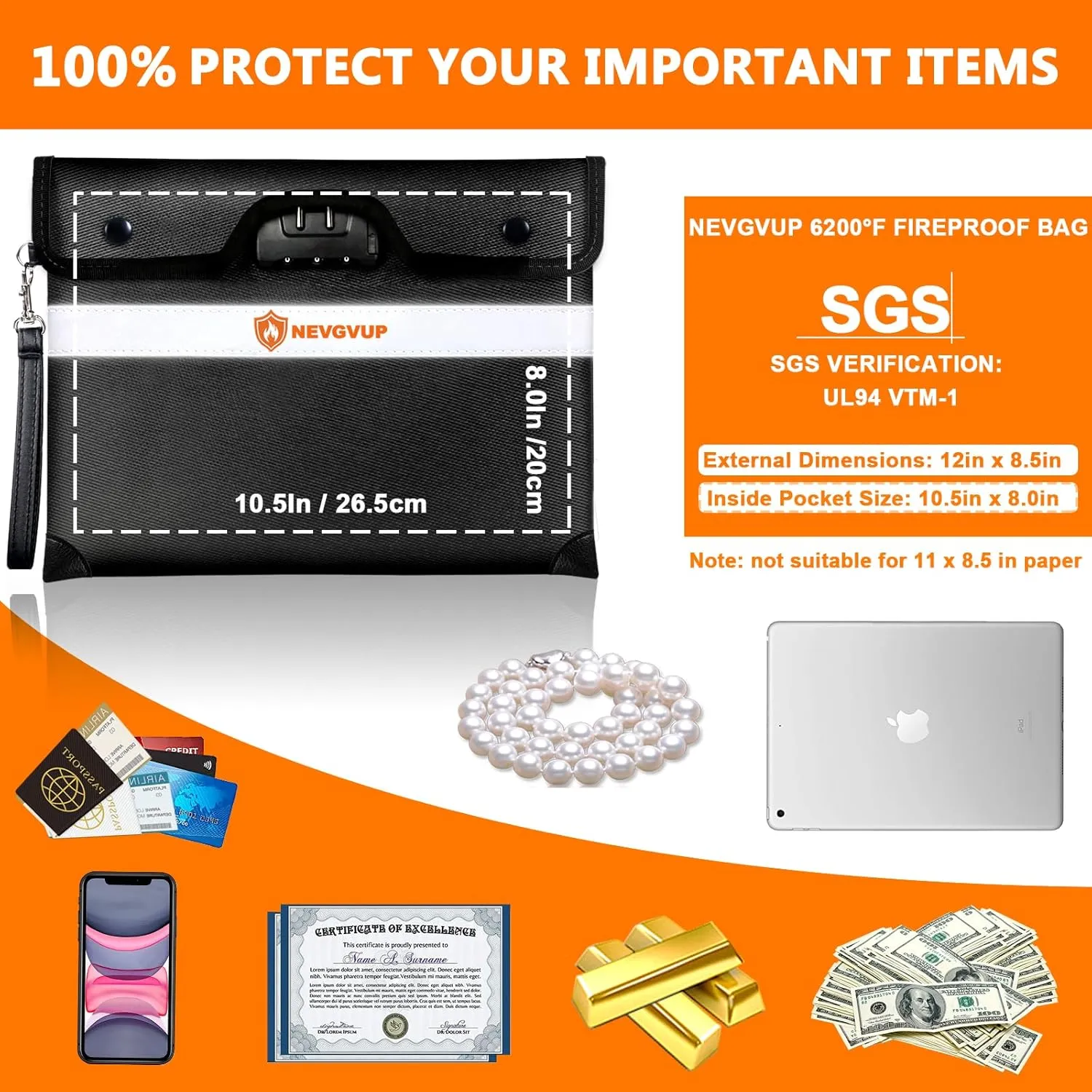 6200F Upgraded Fireproof Money Bag with Lock, Fireproof Document Bag w/ Zipper/Reflective Strip, 9 Layers of Heat Insulated Materials, Water Resistant
