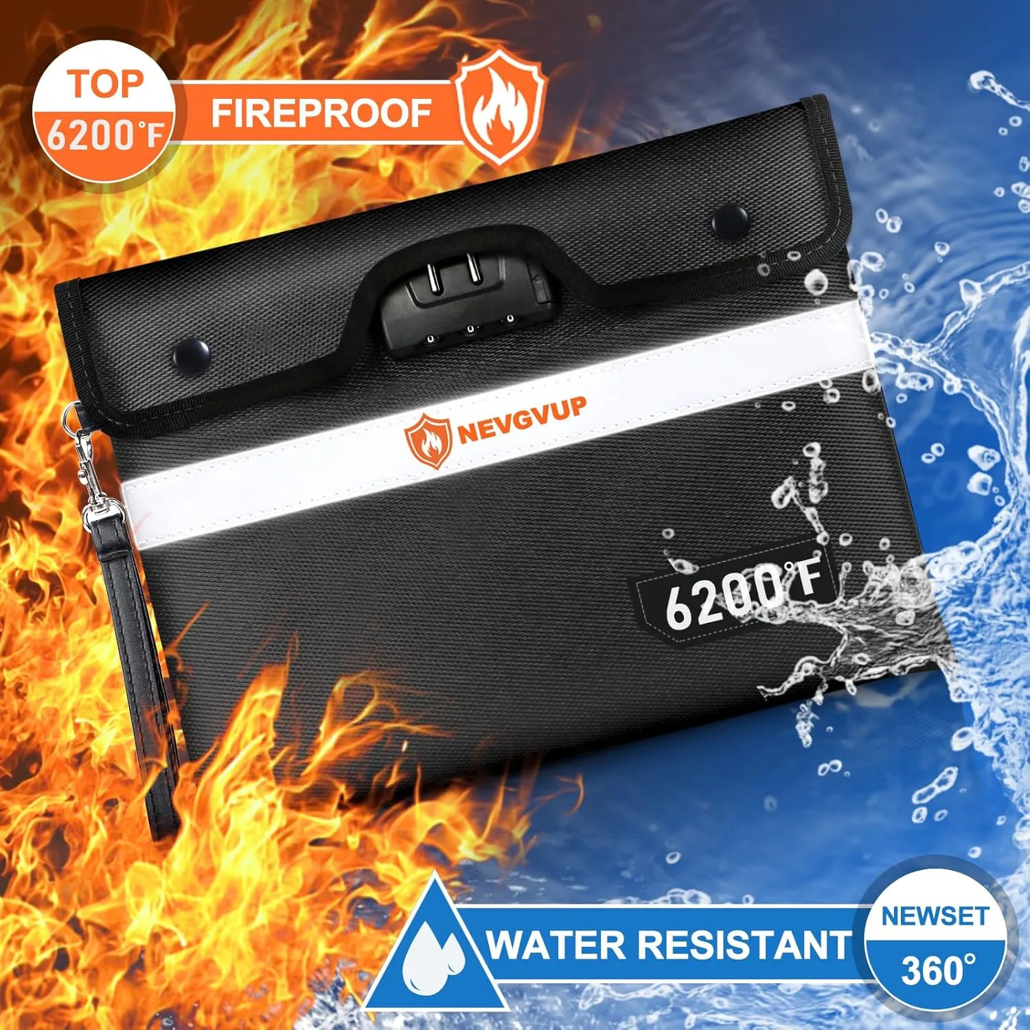 6200F Upgraded Fireproof Money Bag with Lock, Fireproof Document Bag w/ Zipper/Reflective Strip, 9 Layers of Heat Insulated Materials, Water Resistant