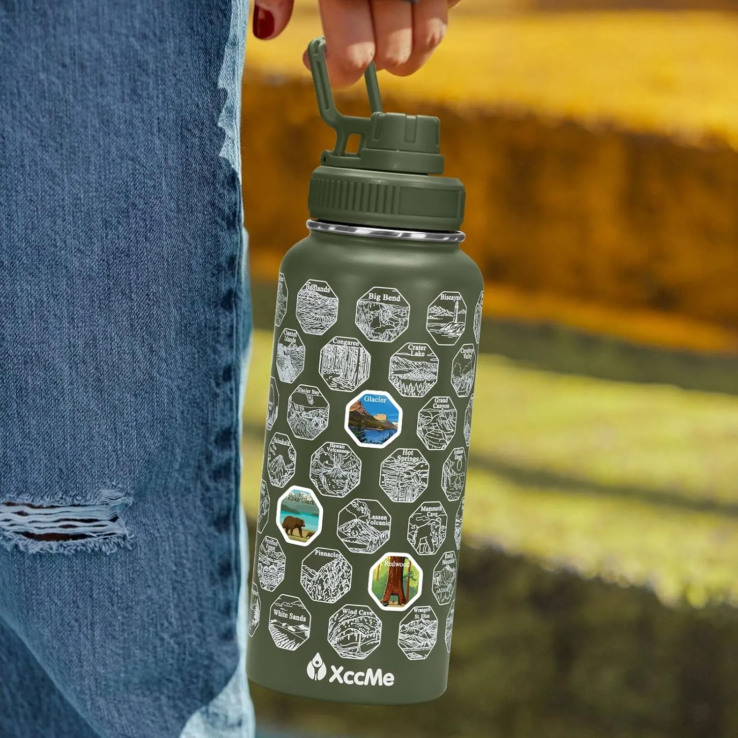 63 National Parks Water Bottle with Stickers,32 oz Stainless Steel Insulated Water Bottle with Straw,2 Lids,Leak Proof Metal Water Cup for Hiking,Travel,Sports,Camping,Wide Mouth Bottle