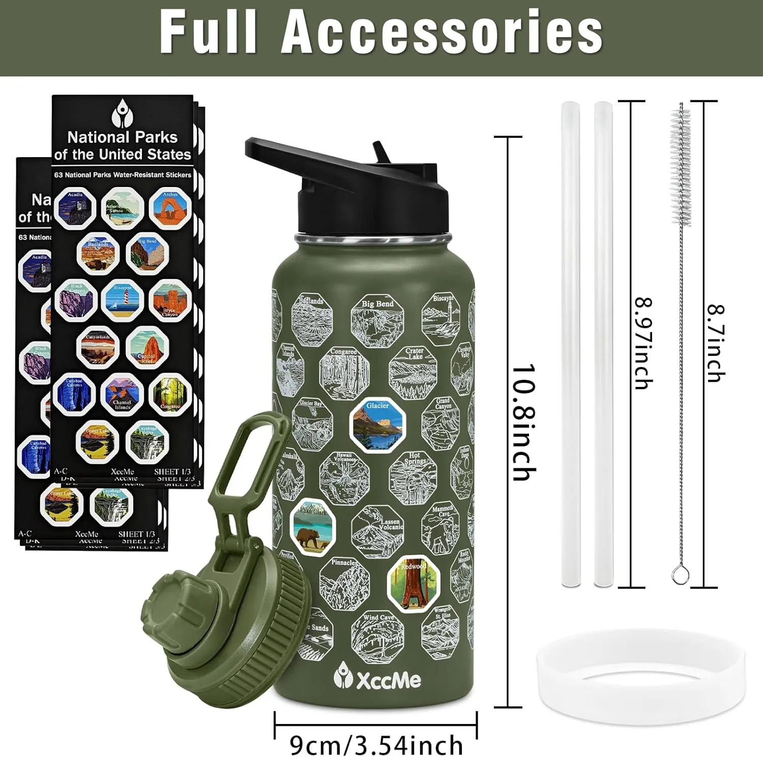 63 National Parks Water Bottle with Stickers,32 oz Stainless Steel Insulated Water Bottle with Straw,2 Lids,Leak Proof Metal Water Cup for Hiking,Travel,Sports,Camping,Wide Mouth Bottle