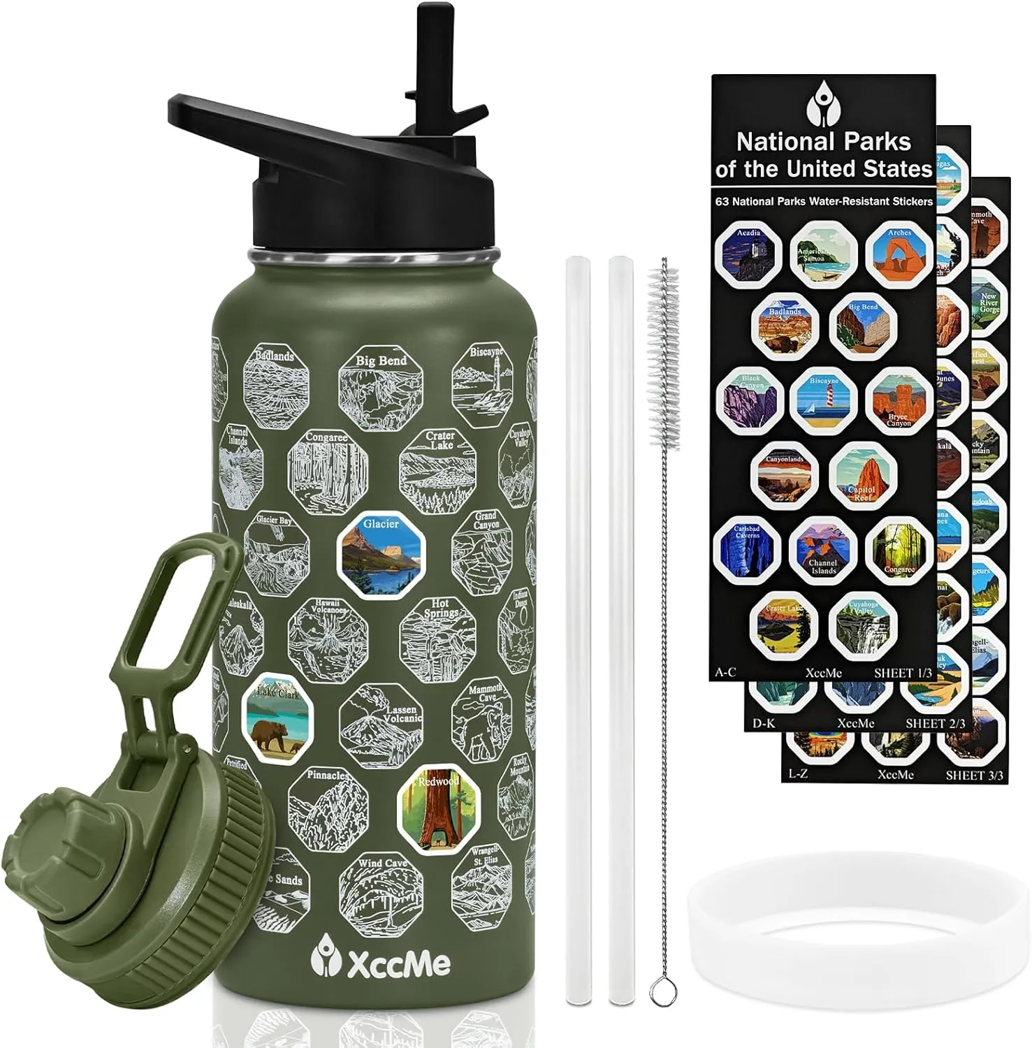 63 National Parks Water Bottle with Stickers,32 oz Stainless Steel Insulated Water Bottle with Straw,2 Lids,Leak Proof Metal Water Cup for Hiking,Travel,Sports,Camping,Wide Mouth Bottle